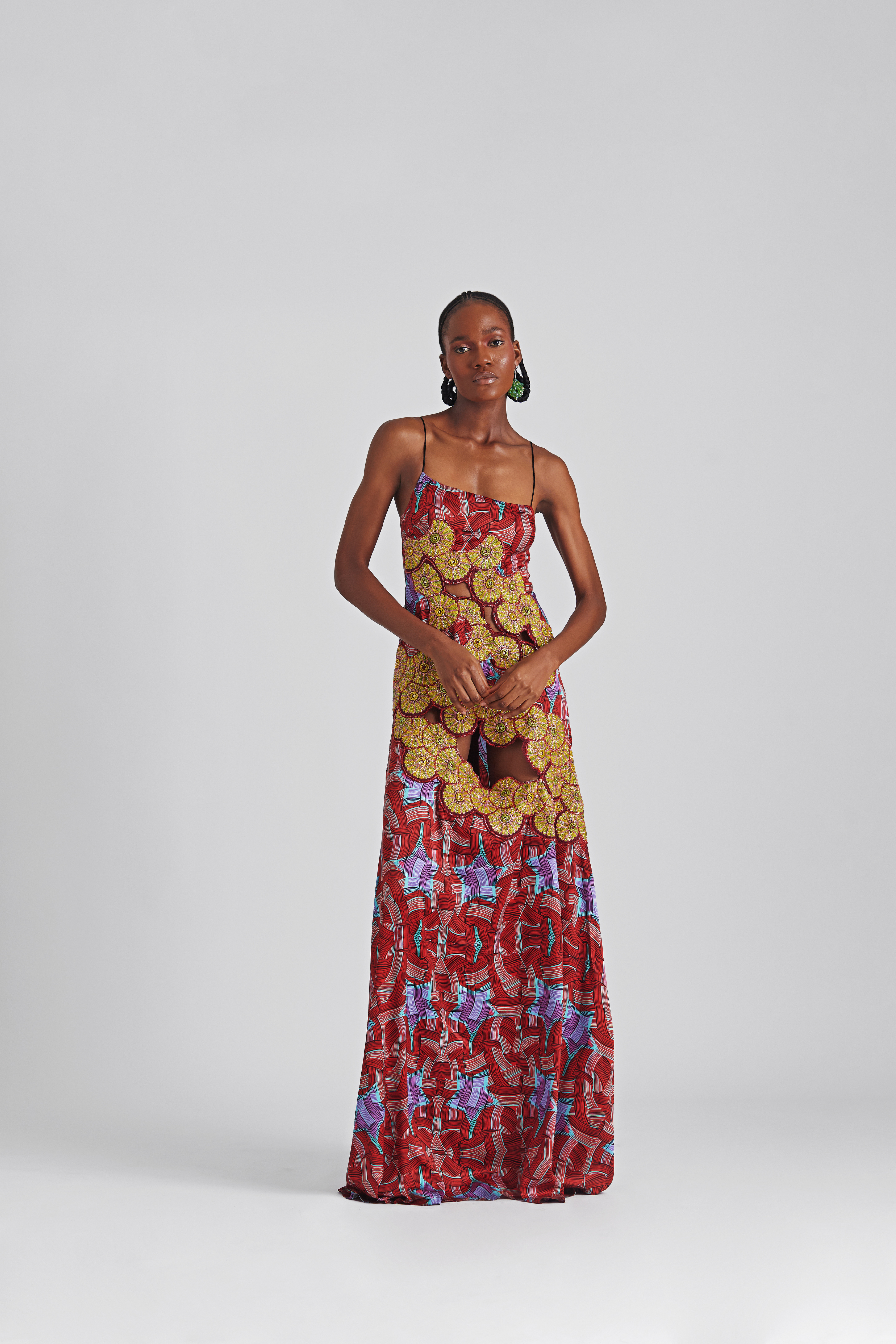 LISA FOLAWIYO Printed Silk Cut Out Maxi Dress