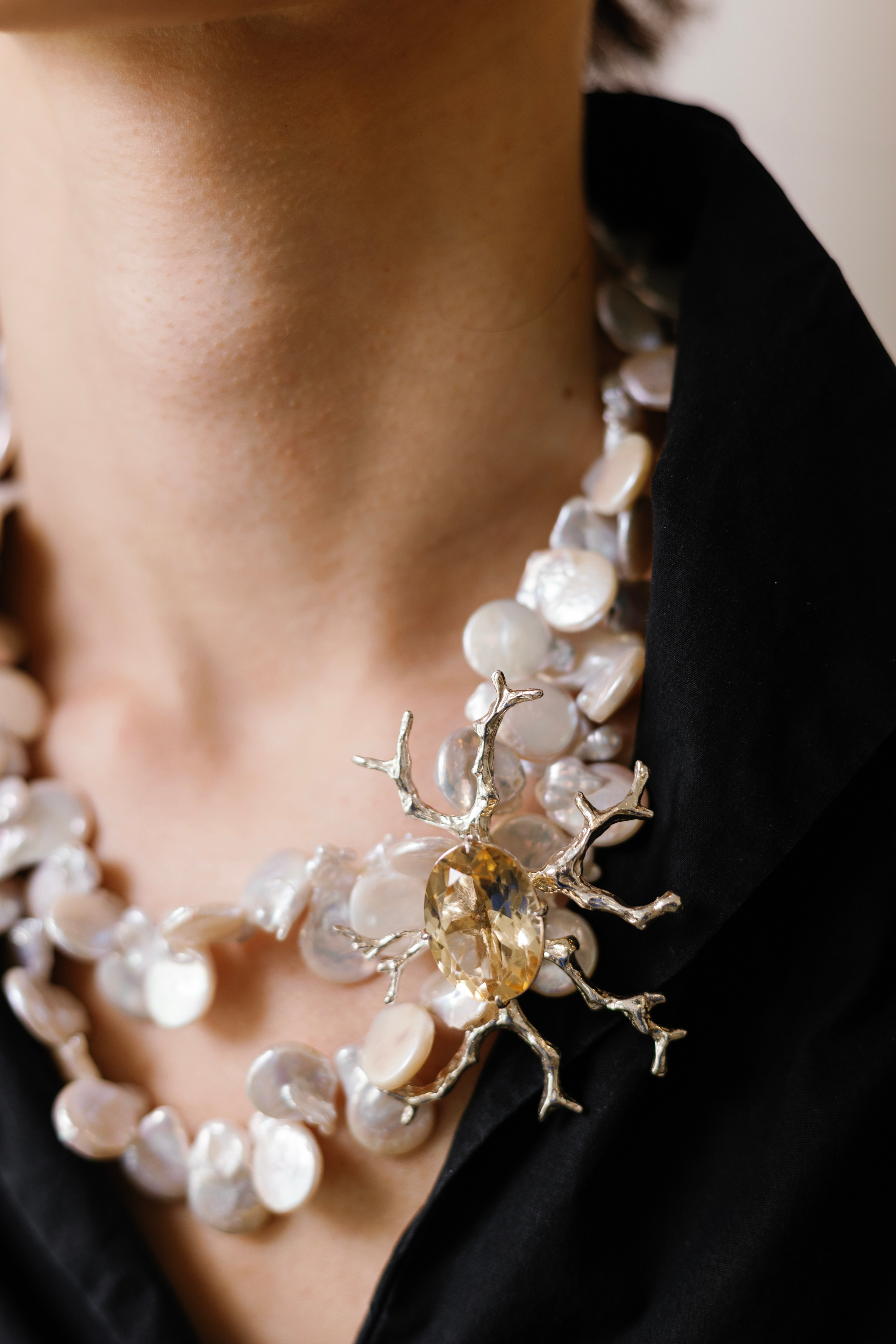 Coral and Pearl Necklace in Light Citrine