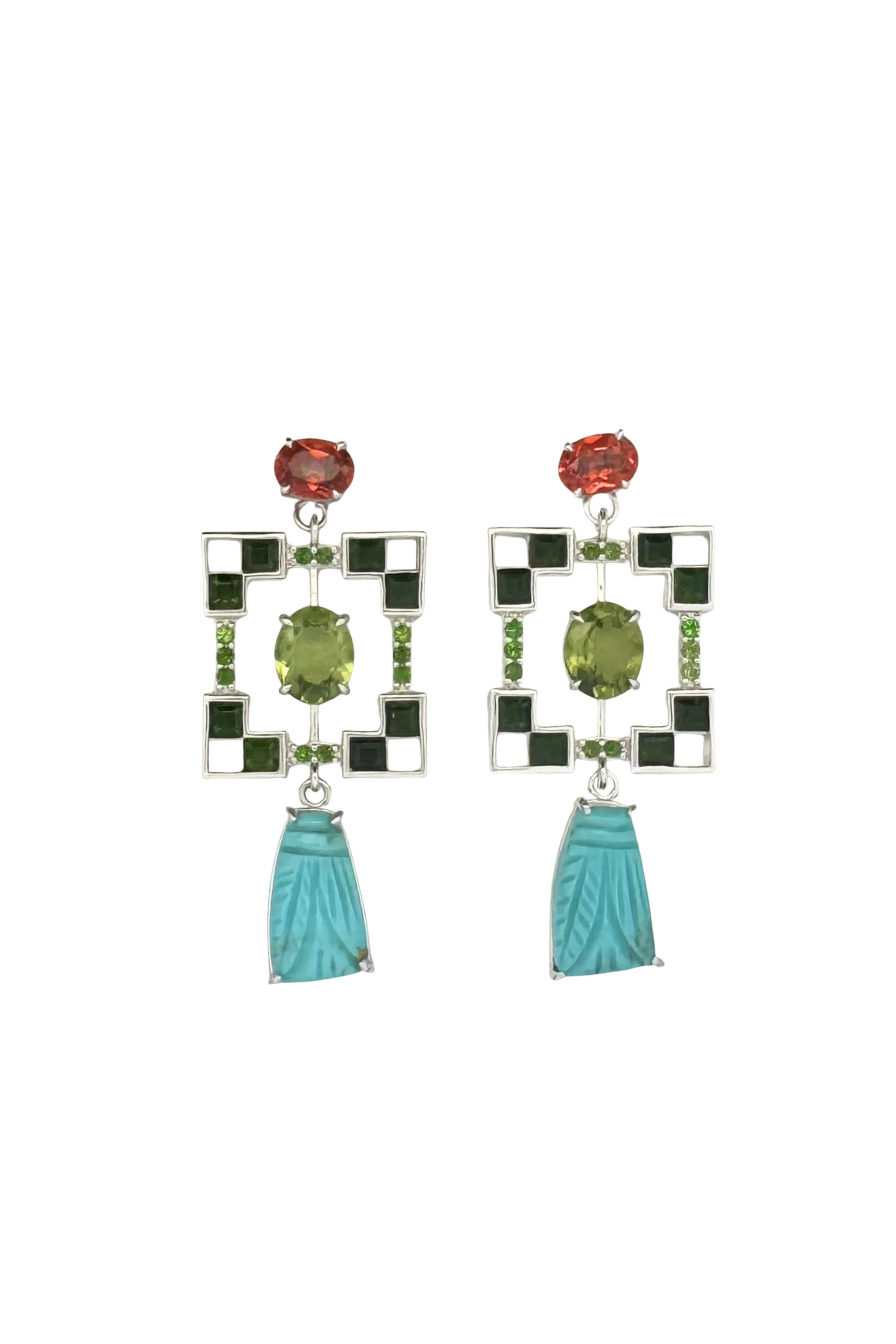 Turquoise and Green Tourmaline Mosaic Earrings