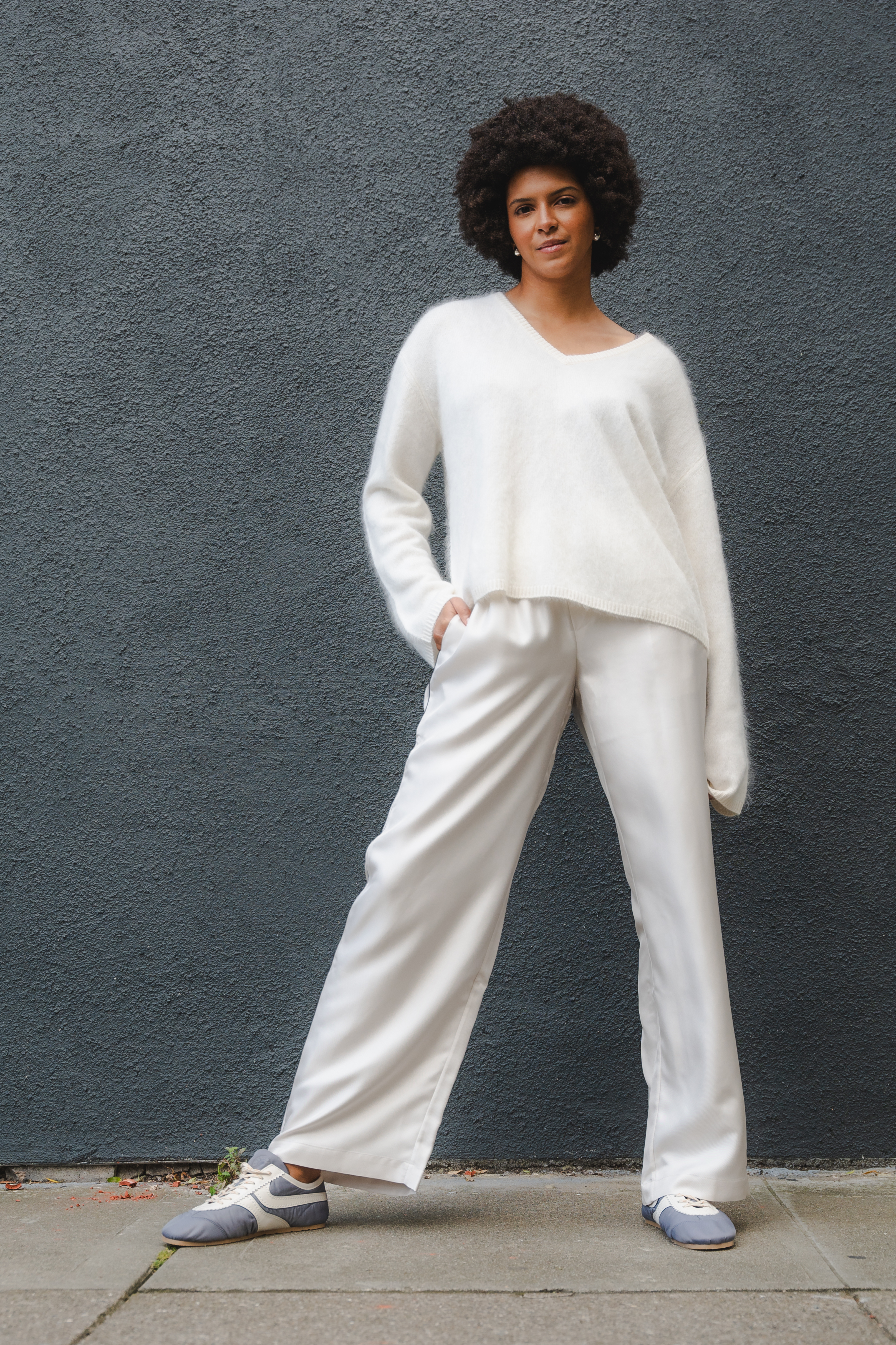 Wide Leg Trousers With Piping Detail in White