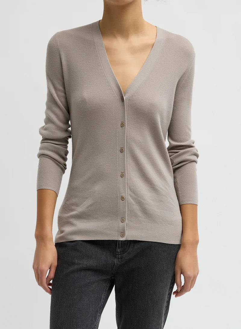 Feather Weight Ribbed Vneck Slim Cardigan - Clay