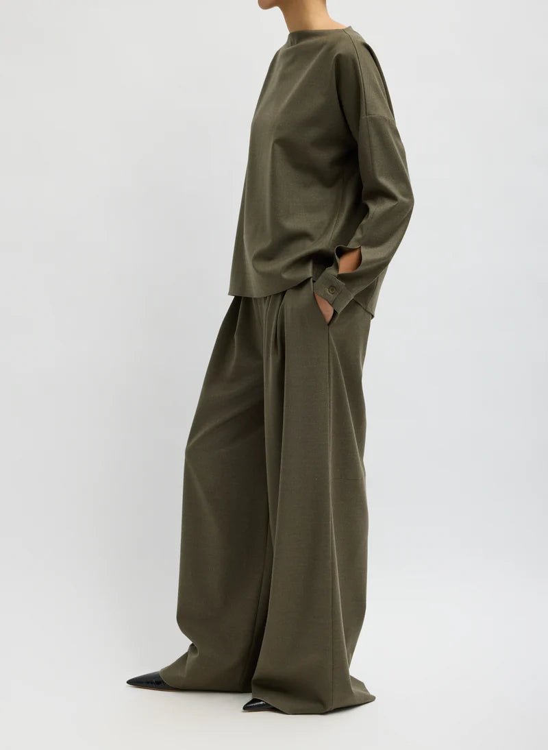 Cozy Flannel Triple Pleat Pant - Army Green