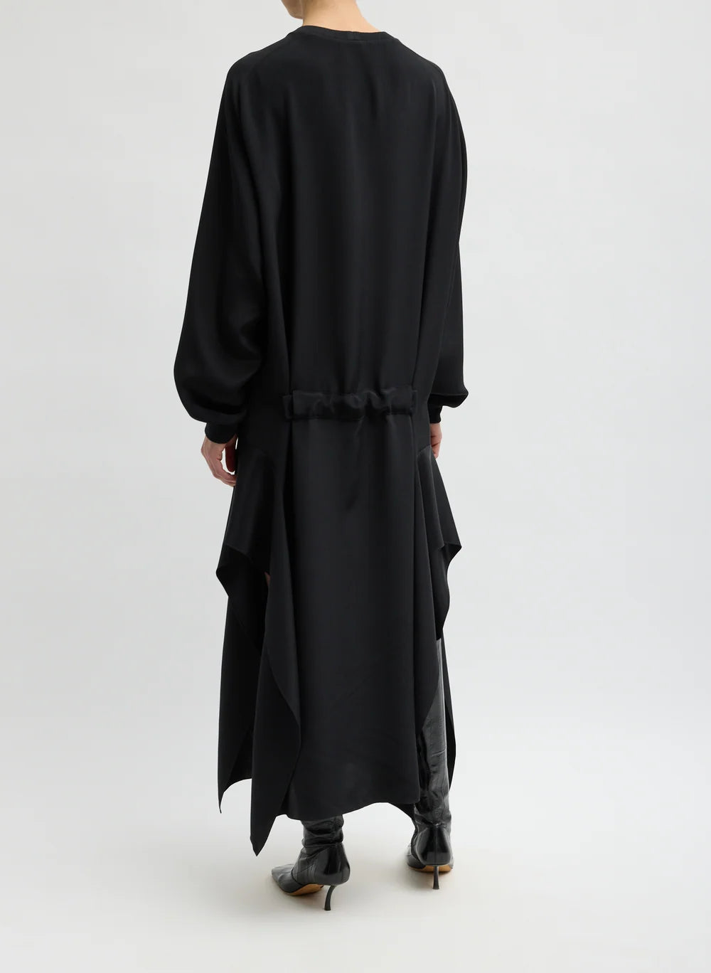 4 Ply Silk Long Sleeve Dress With Ruffle Detail - Black
