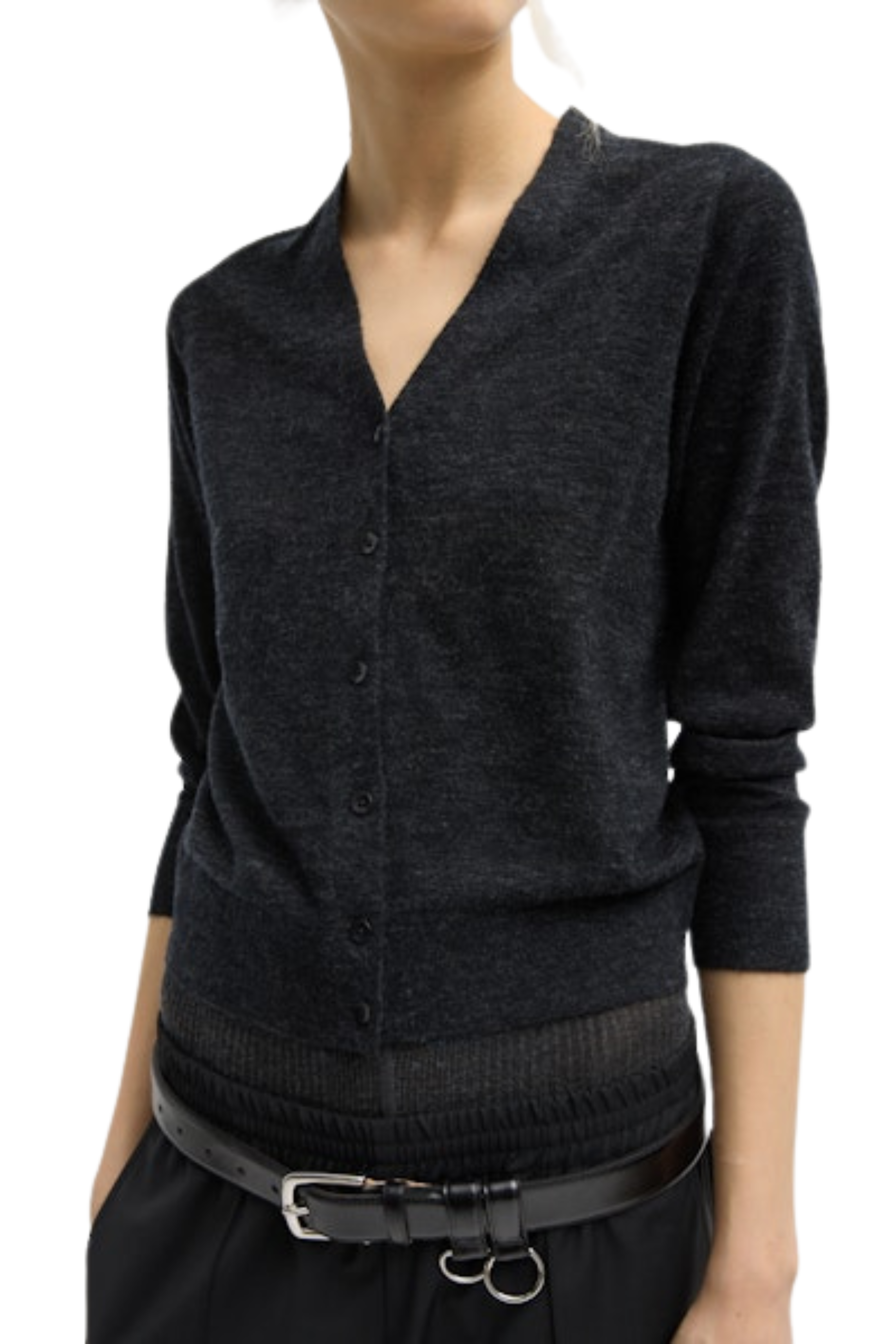 Skinlike Mercerized Wool V-Neck Shrunken Cardigan - Charcoal
