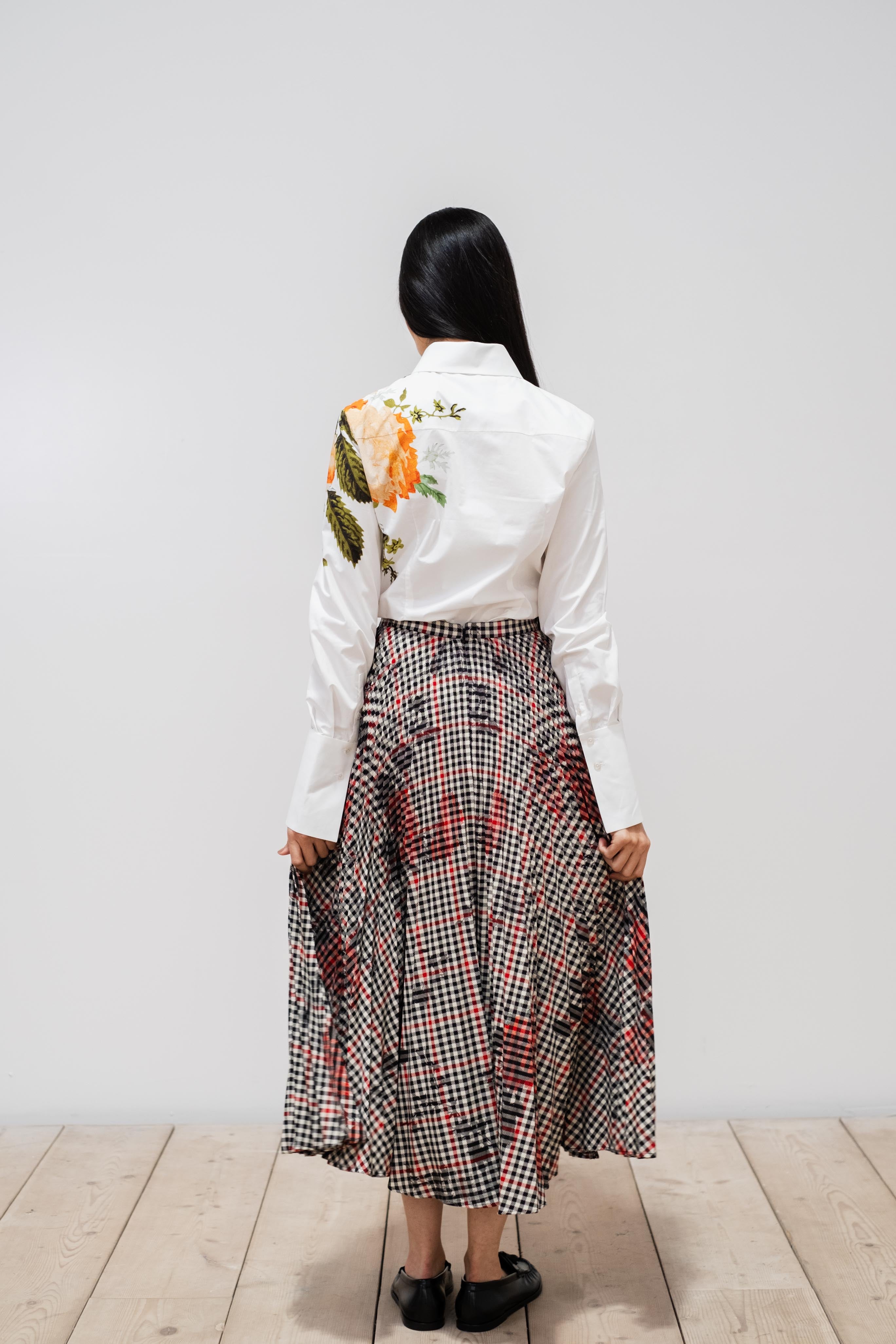 ERDEM Pleated Plaid Floral Skirt