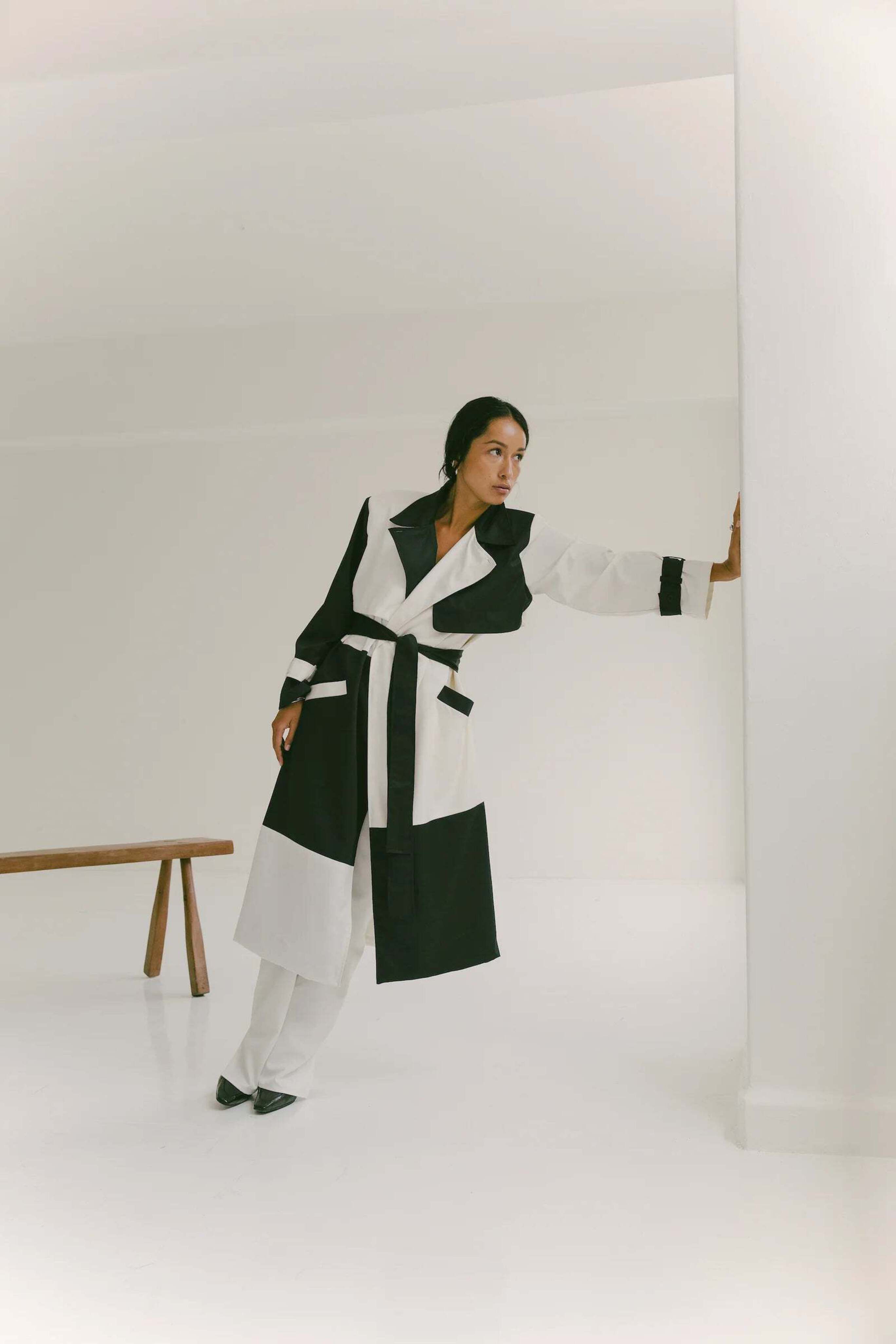 SLOAN The Patchwork Trench Jacket in Ivory & Black
