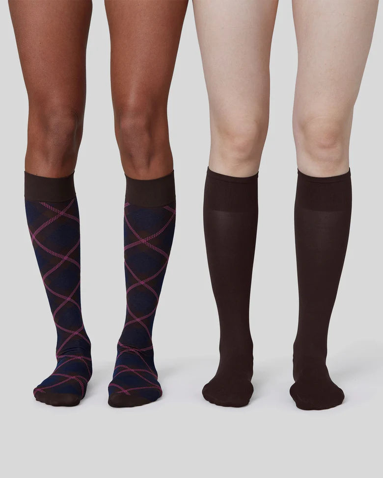 2-pack Franka Check & Solid Knee Highs - Dark Brown