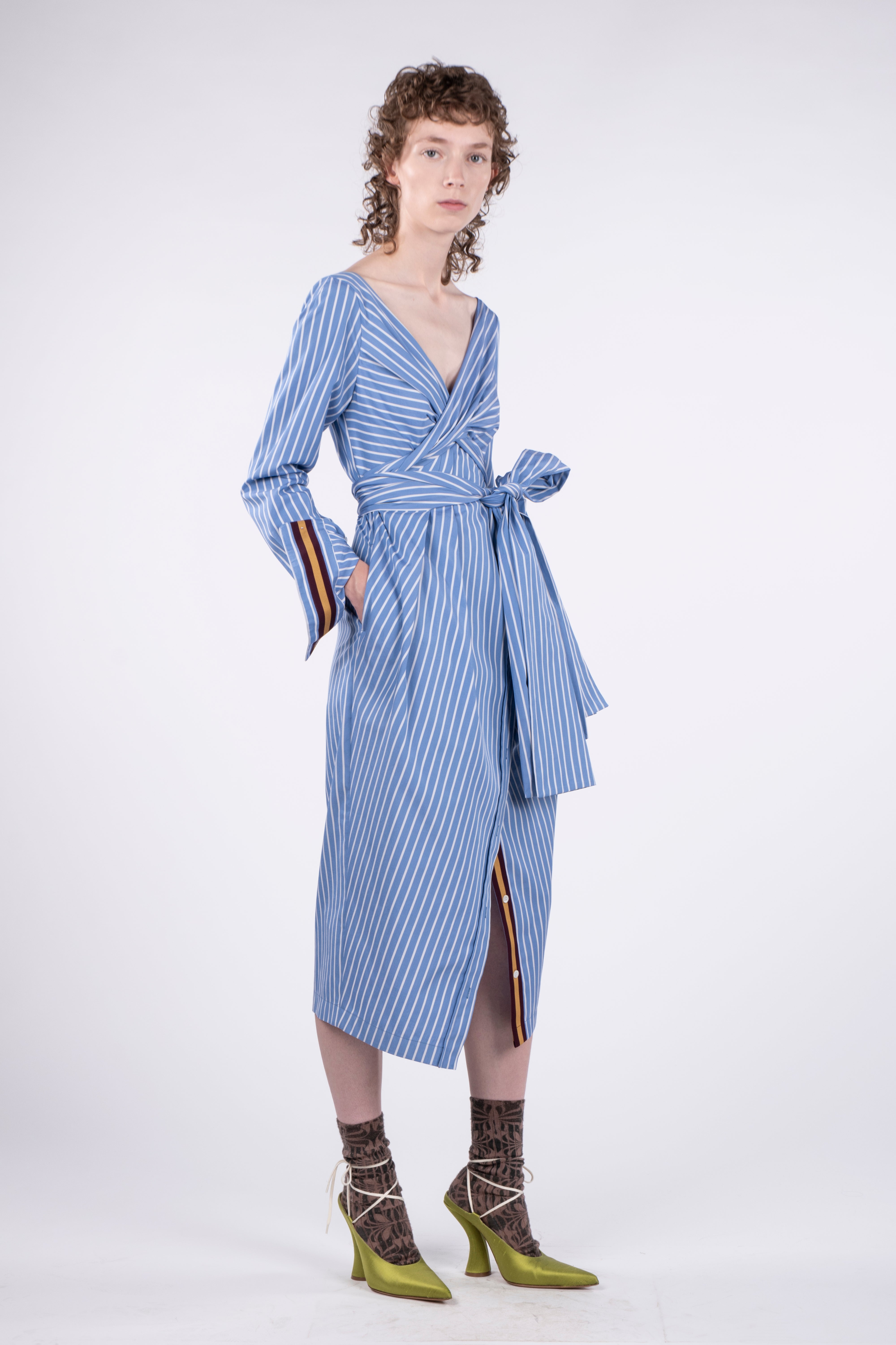 Blue striped wrap dress on sale