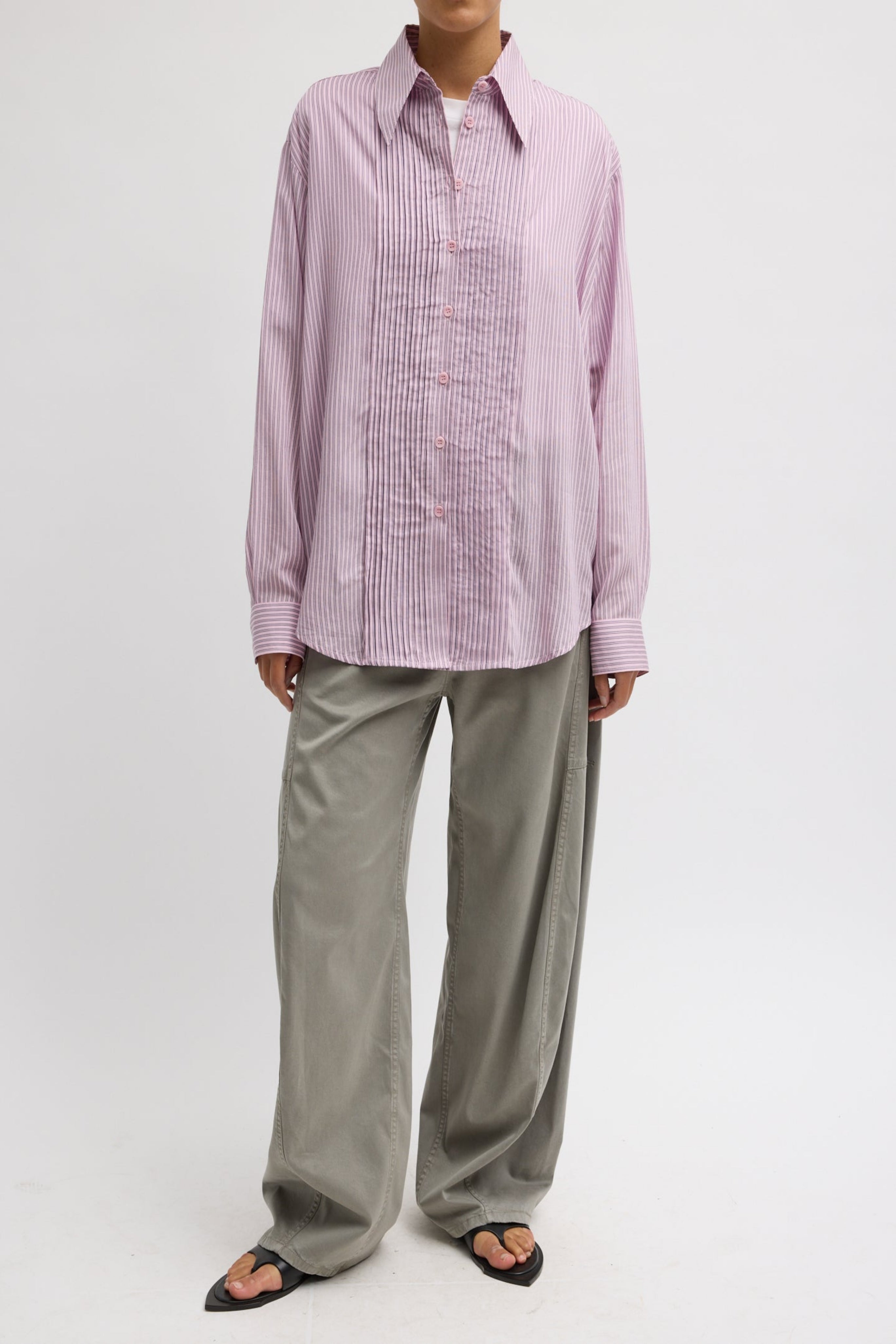 ULTRA LIGHT SILK TENCEL STRIPED PINTUCKED SHIRT