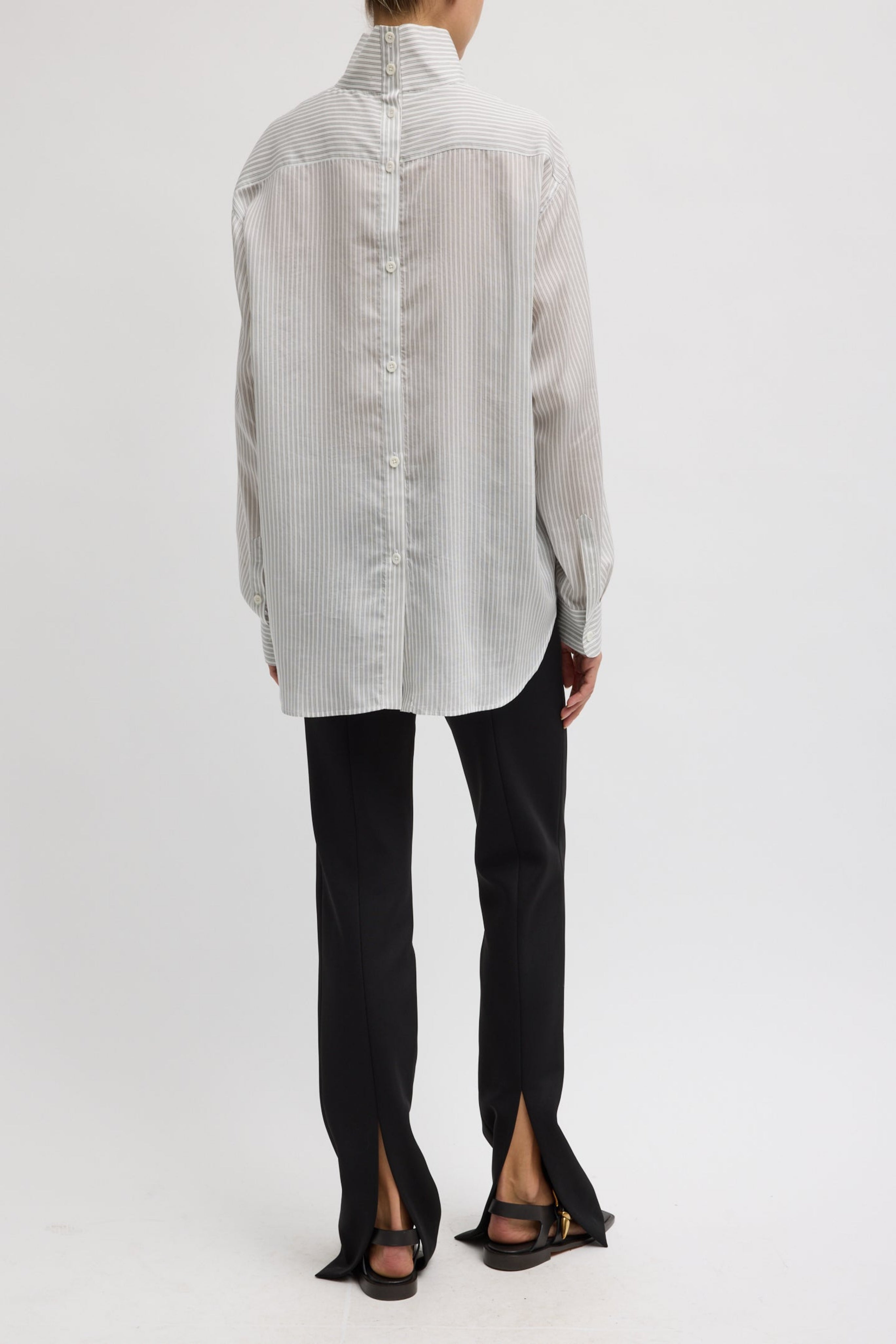 ULTRA LIGHT SILK TENCEL STRIPED FUNNEL NECK SHIRT