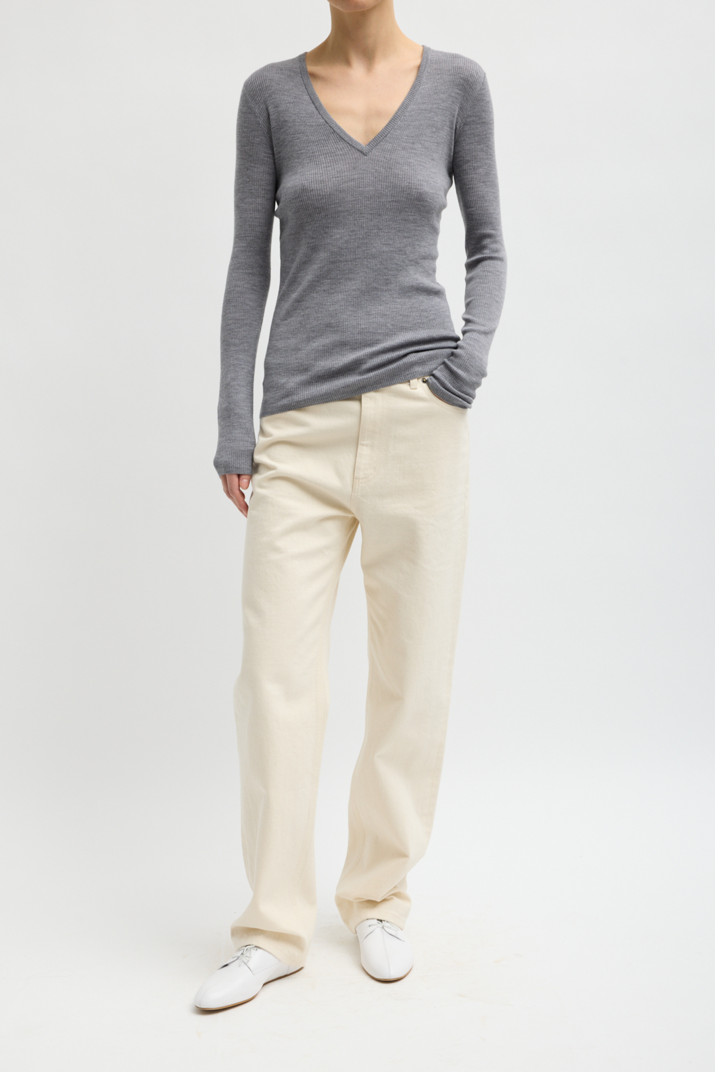Feather Weight Ribbed Sweater Vneck Pullover - Heather Grey
