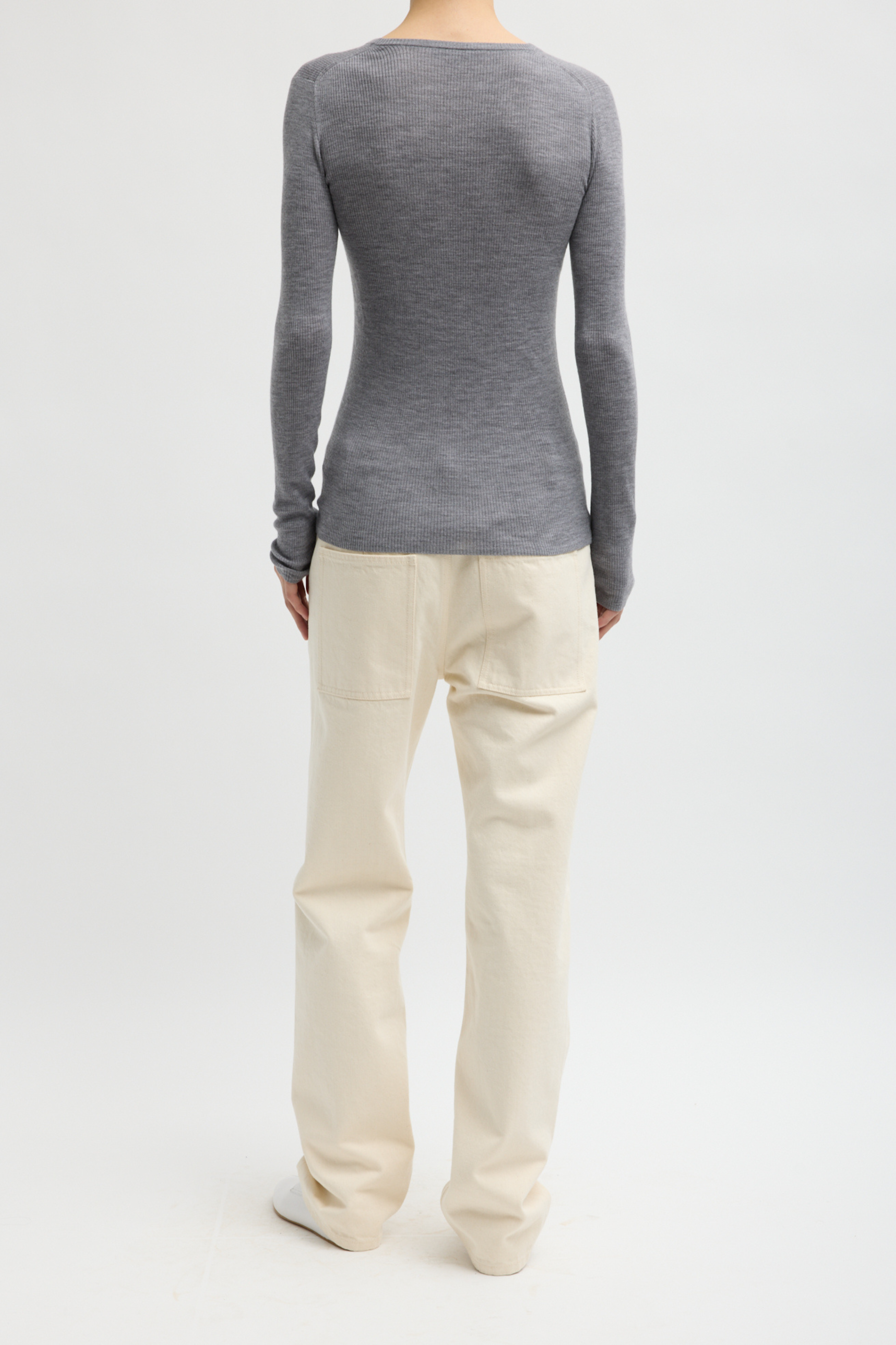 Feather Weight Ribbed Sweater Vneck Pullover - Heather Grey