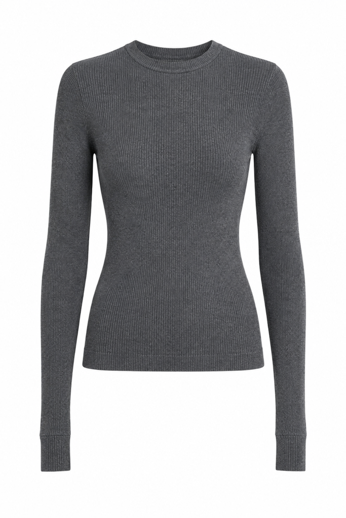 Feather Weight Ribbed Sweater Crewneck Pullover - Charcoal Grey
