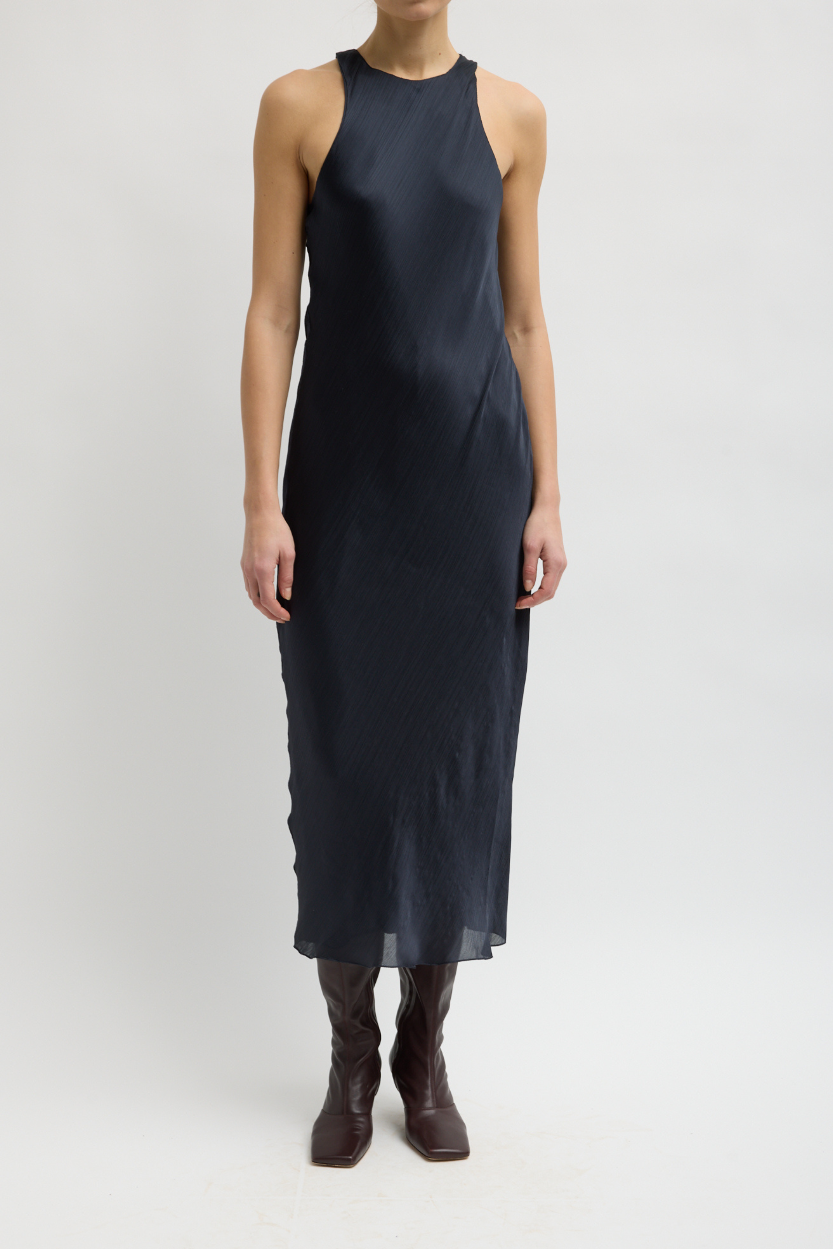 Matte Satin Plisse Midi Bias Dress