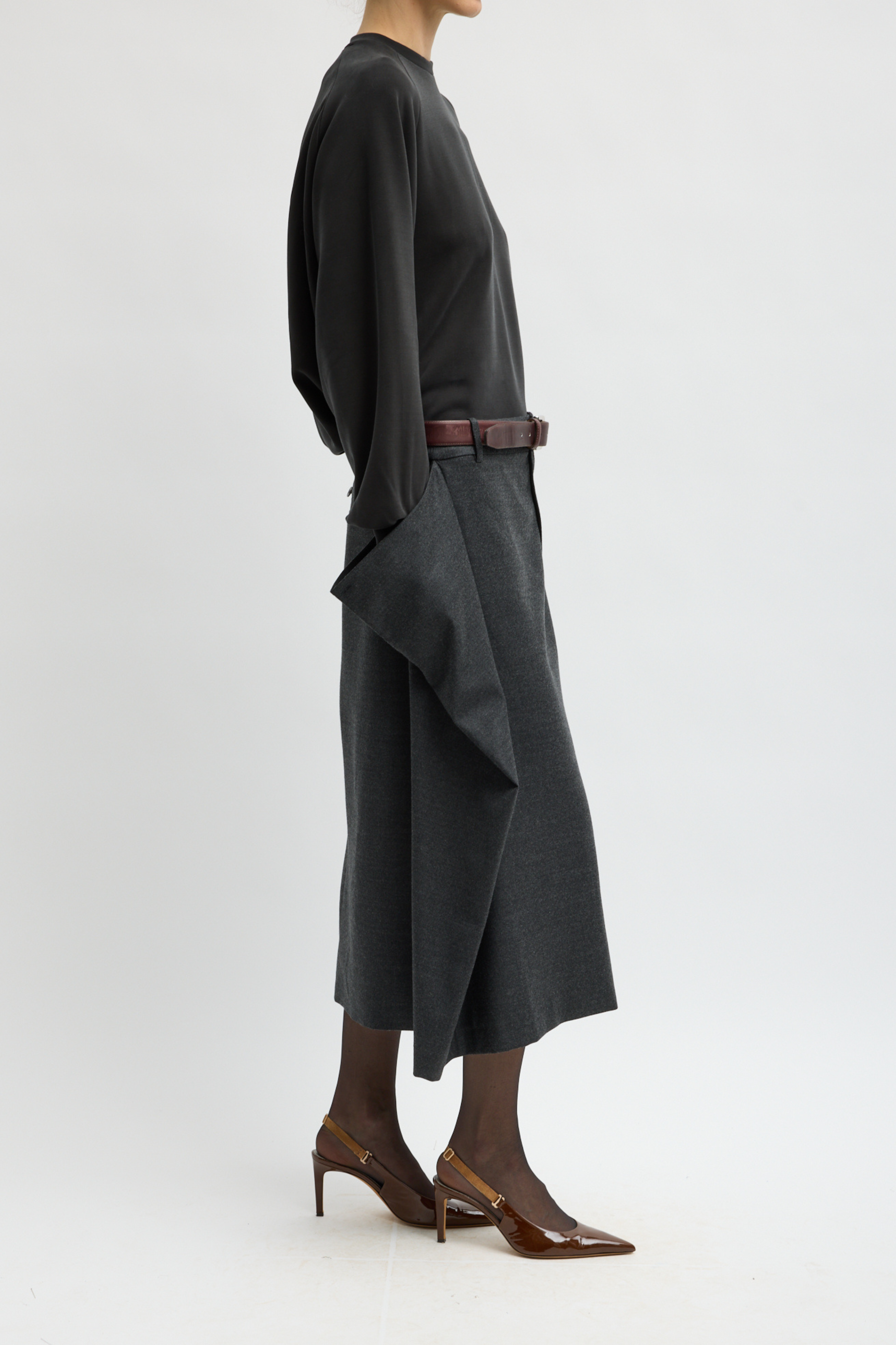 Cozy Flannel Midi Trouser Skirt With Side Drape