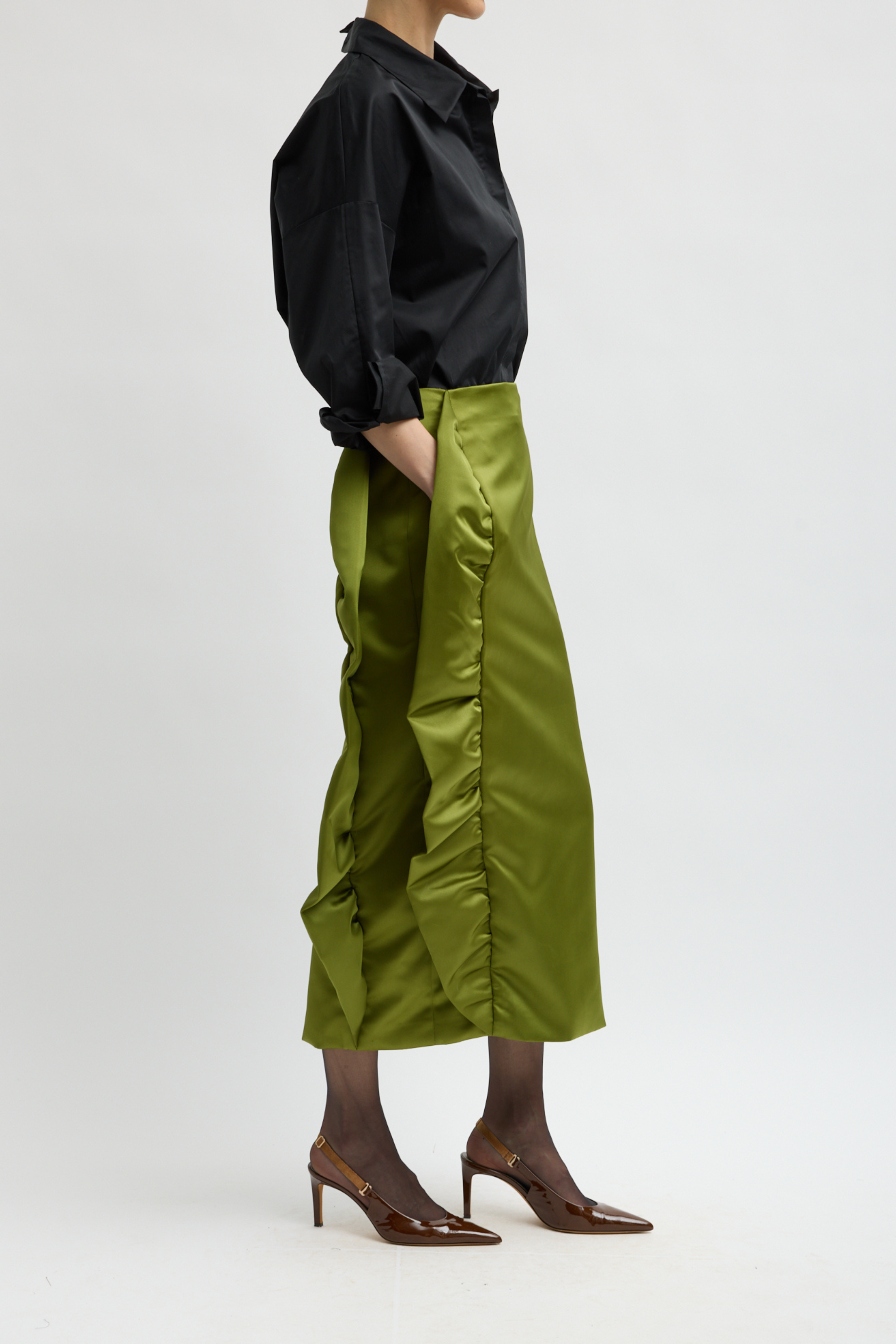 Tech Satin Side Ruffle Skirt