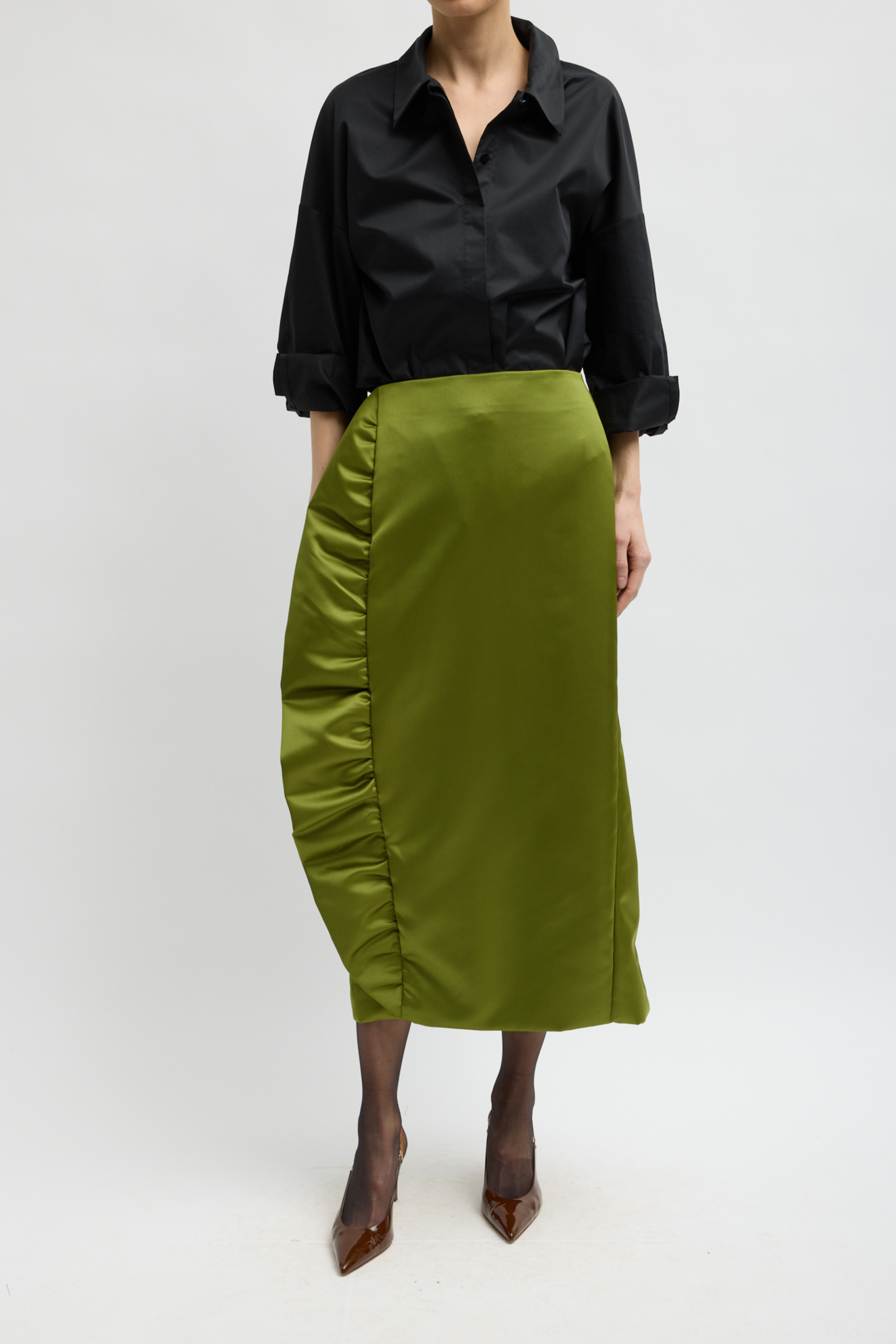 Tech Satin Side Ruffle Skirt