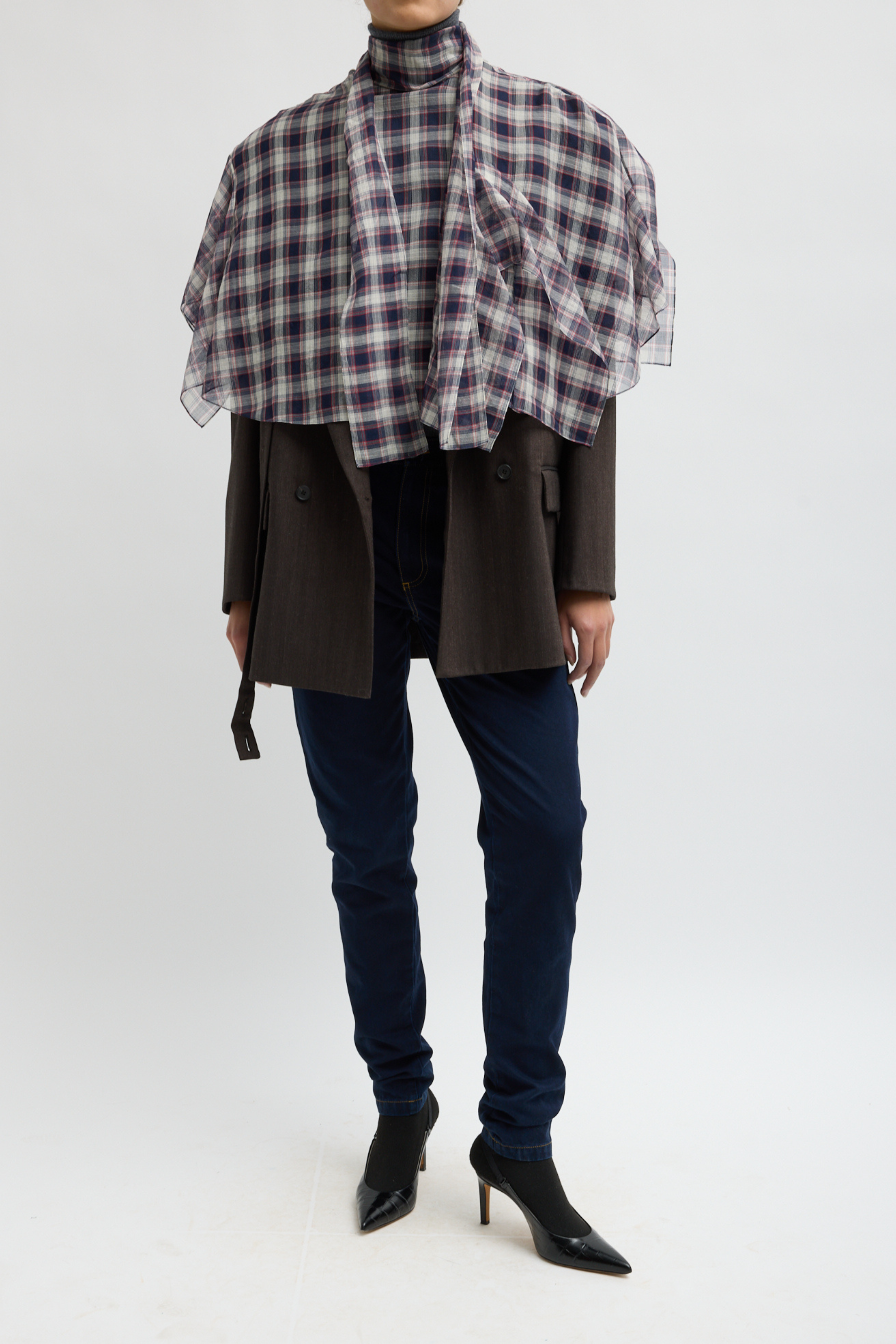 Silk Cotton Plaid Cape Tie Top