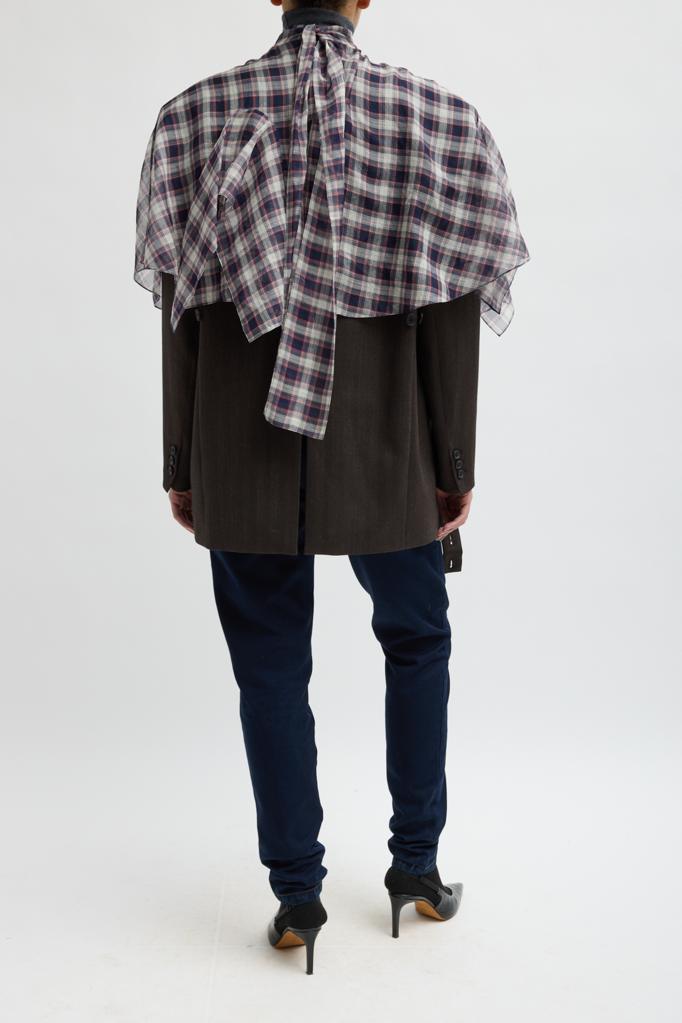 Silk Cotton Plaid Cape Tie Top