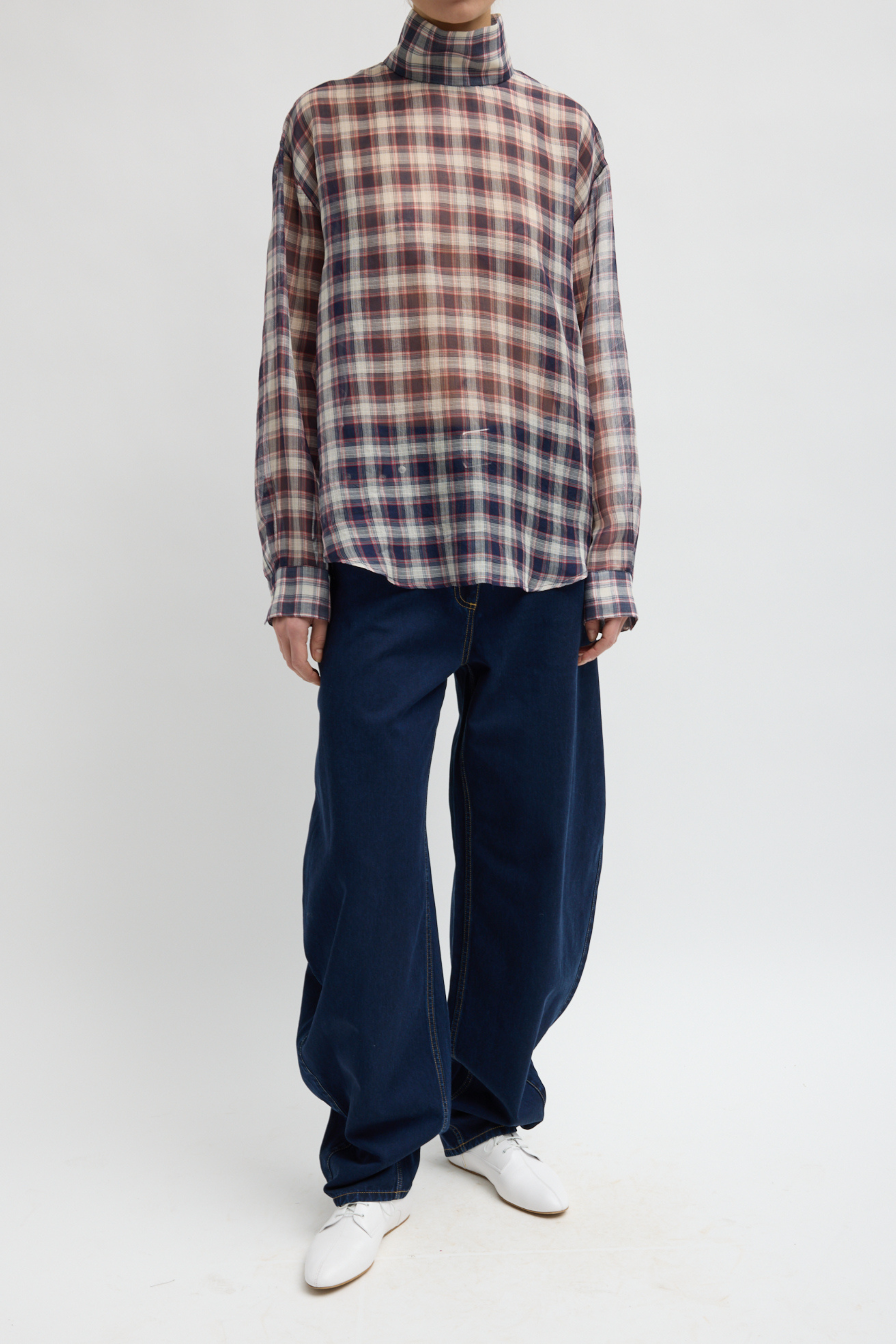 Silk Cotton Plaid Funnel Neck Shirt