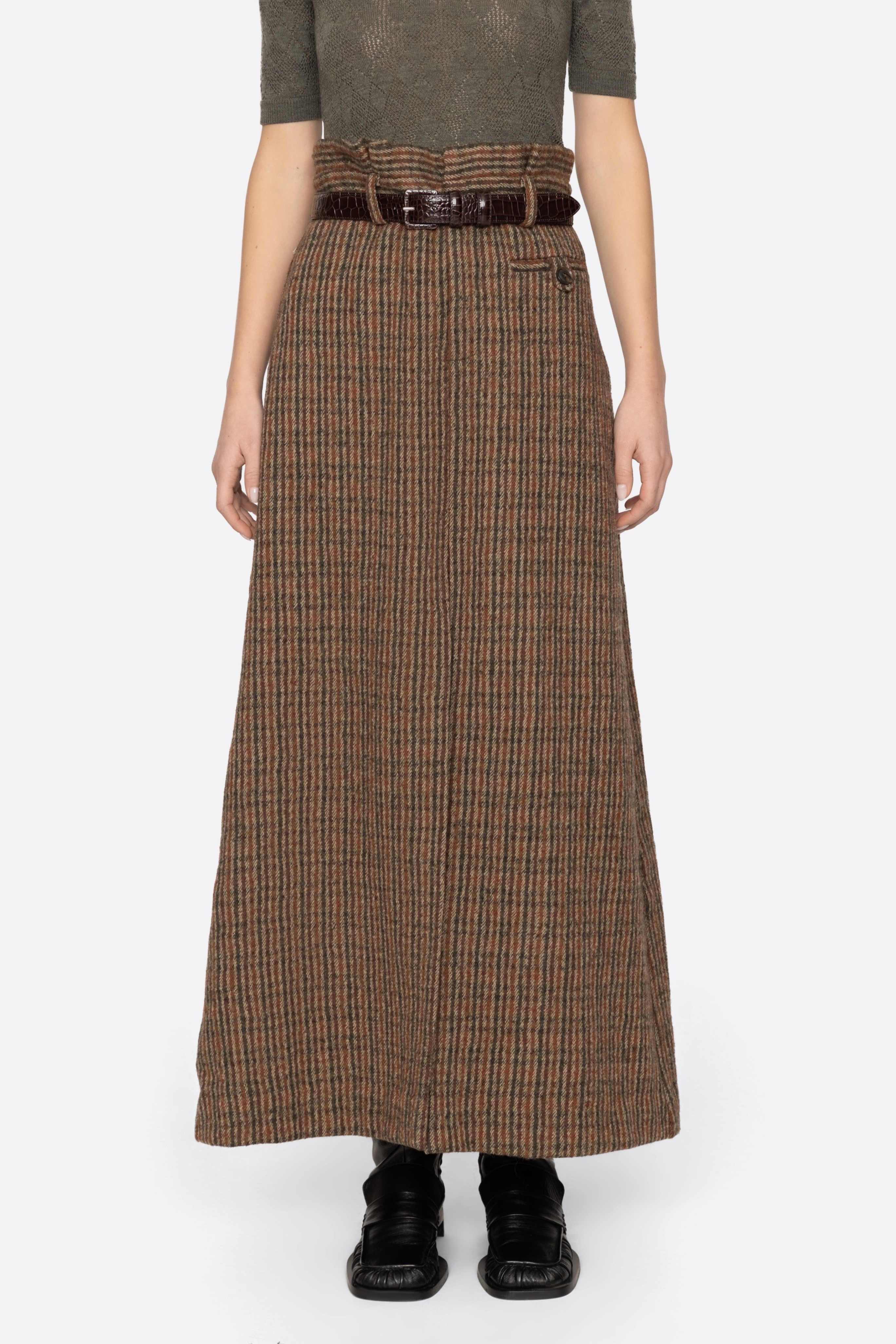 Julia Plaid Wool Midi Skirt W/ Belt