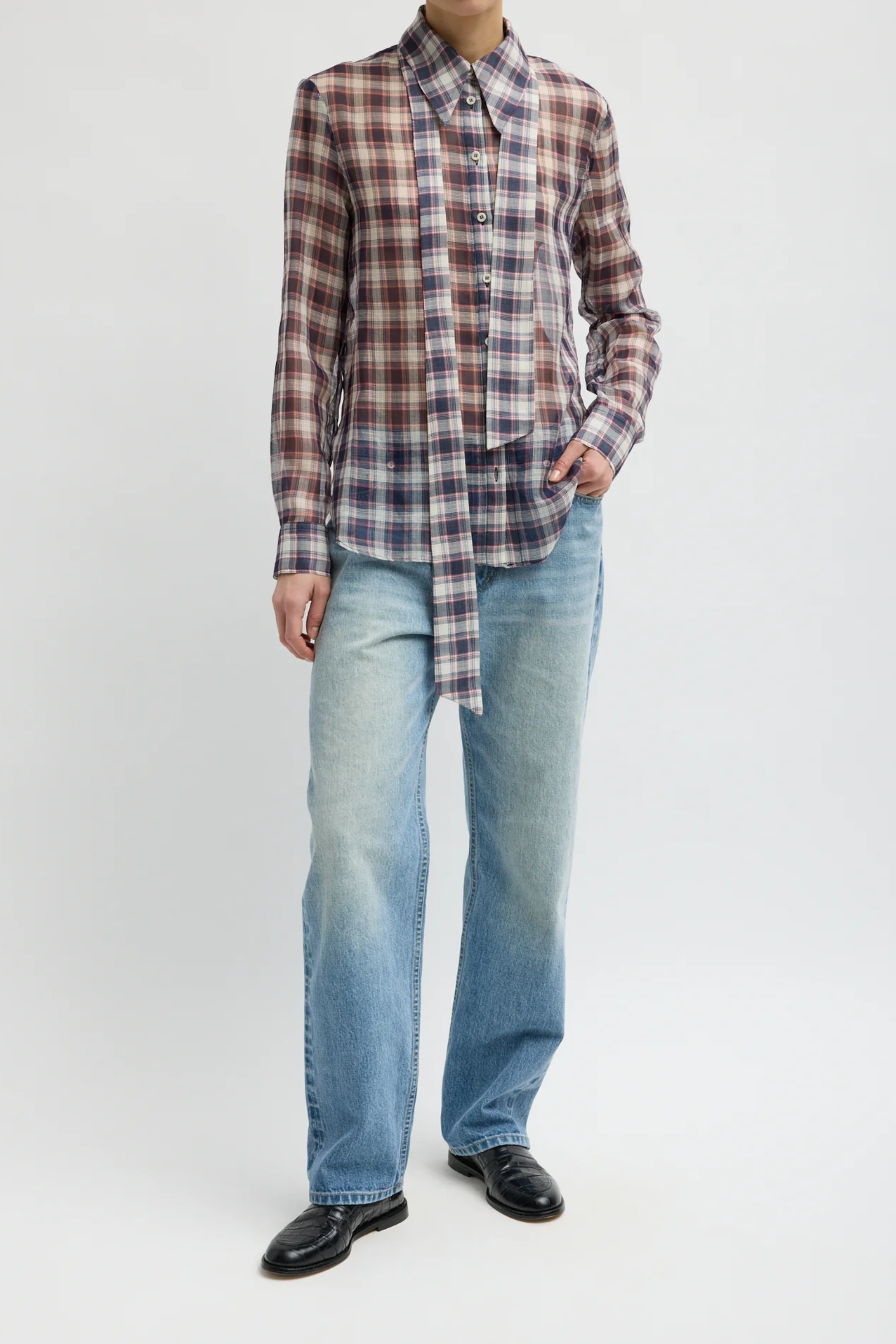 Silk Cotton Plaid Blouse With Removable Tie - Black/Red Multi