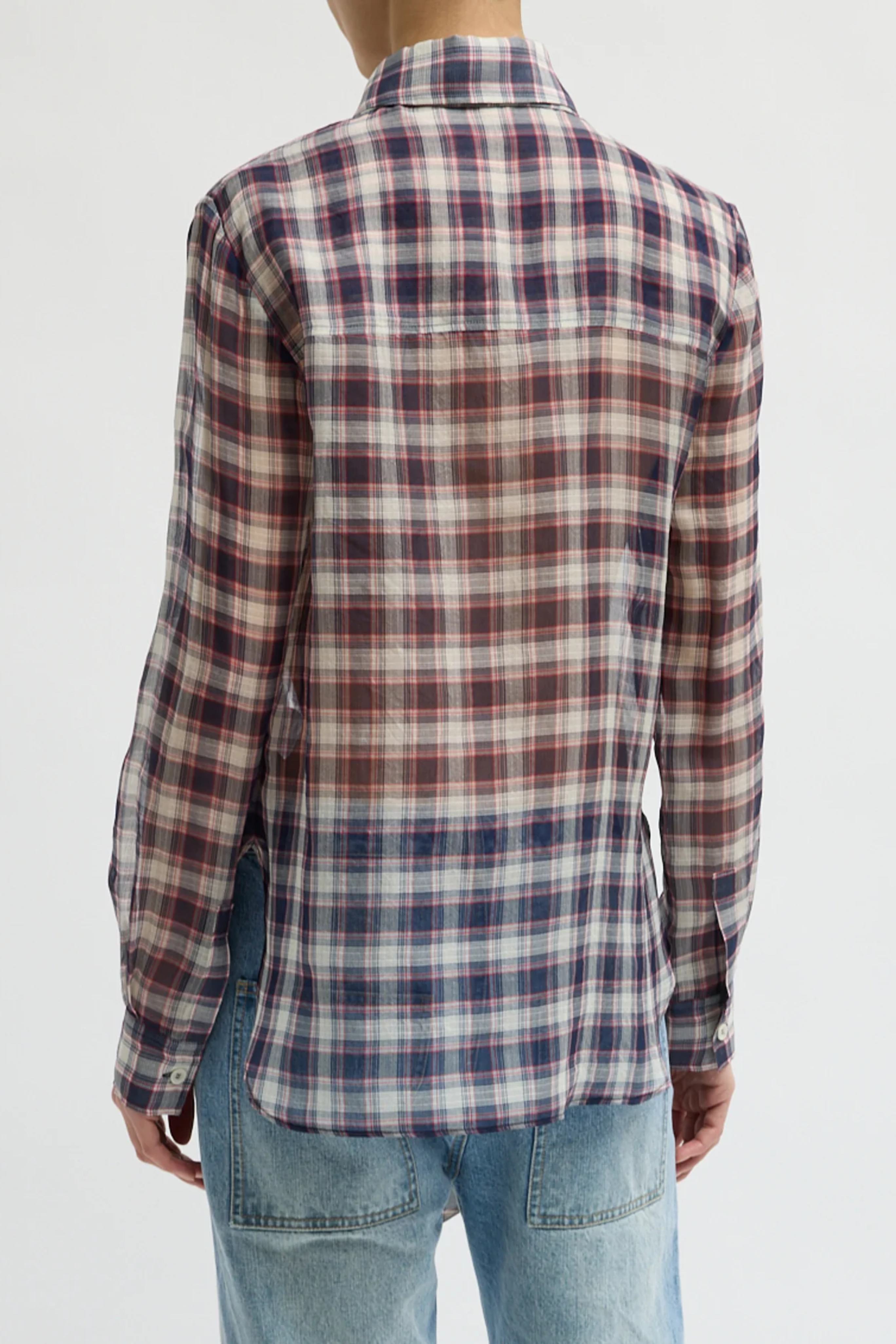 Silk Cotton Plaid Blouse With Removable Tie - Black/Red Multi