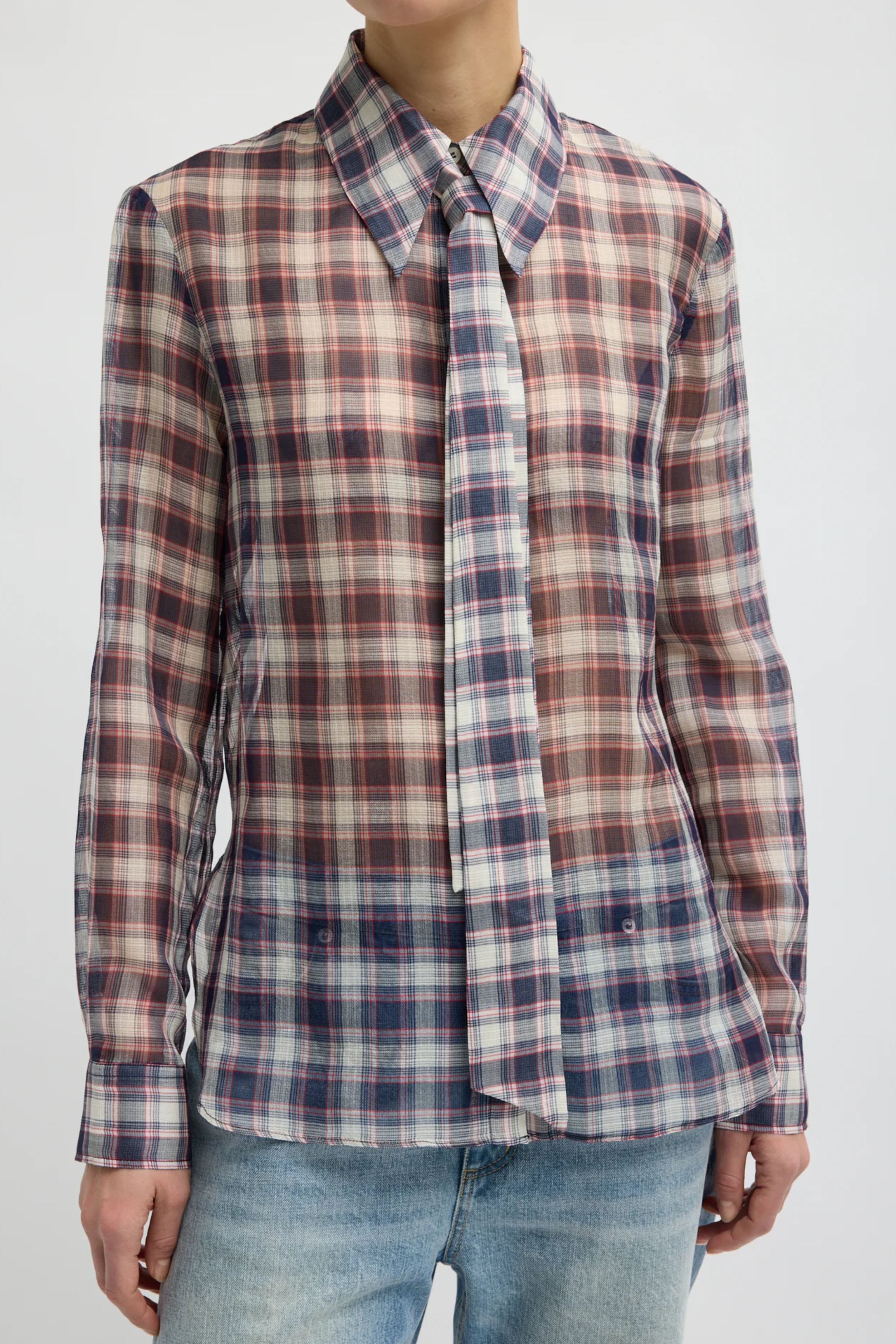 Silk Cotton Plaid Blouse With Removable Tie - Black/Red Multi