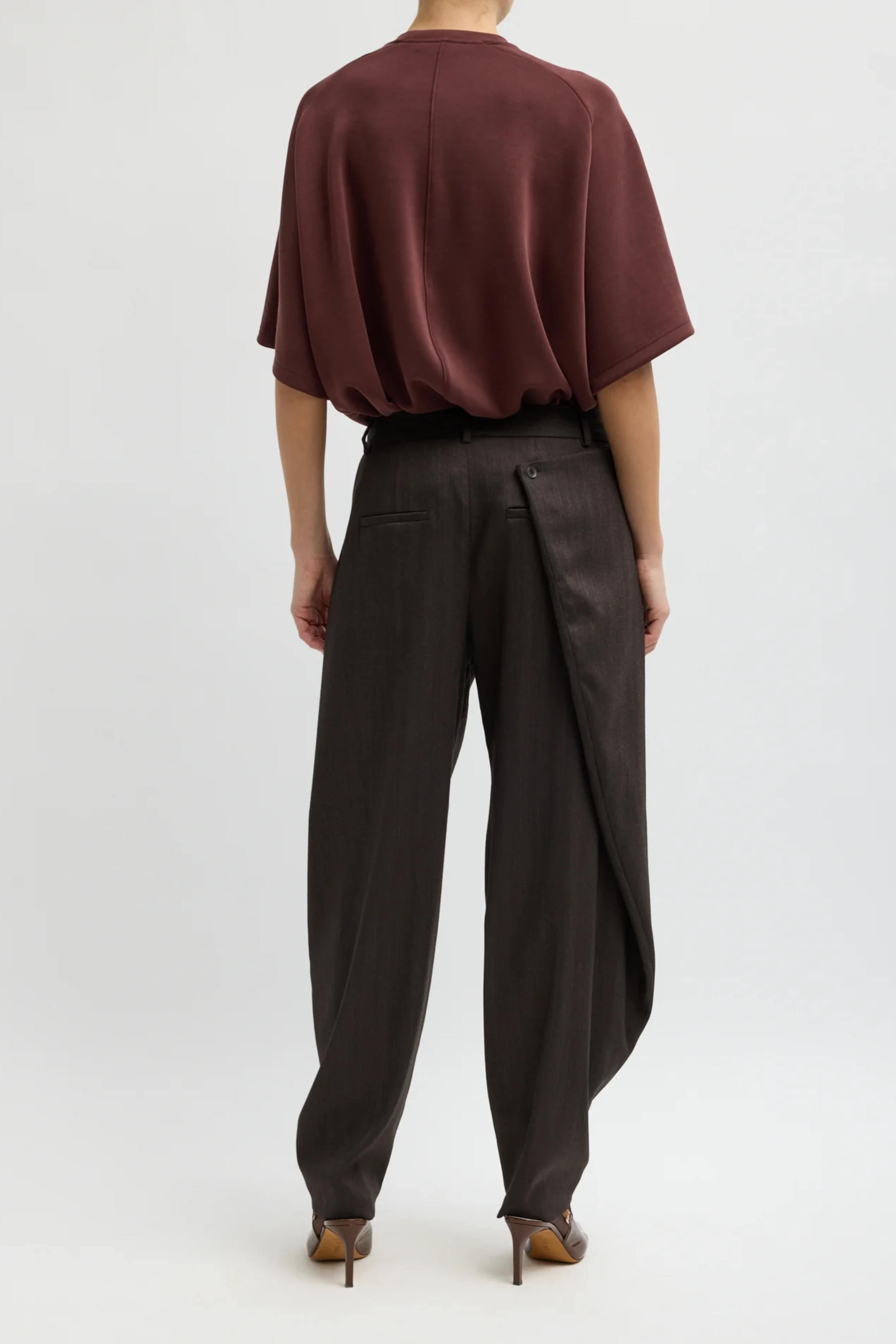 Herringbone Suiting Side Drape Pleated Pant - Brown Multi