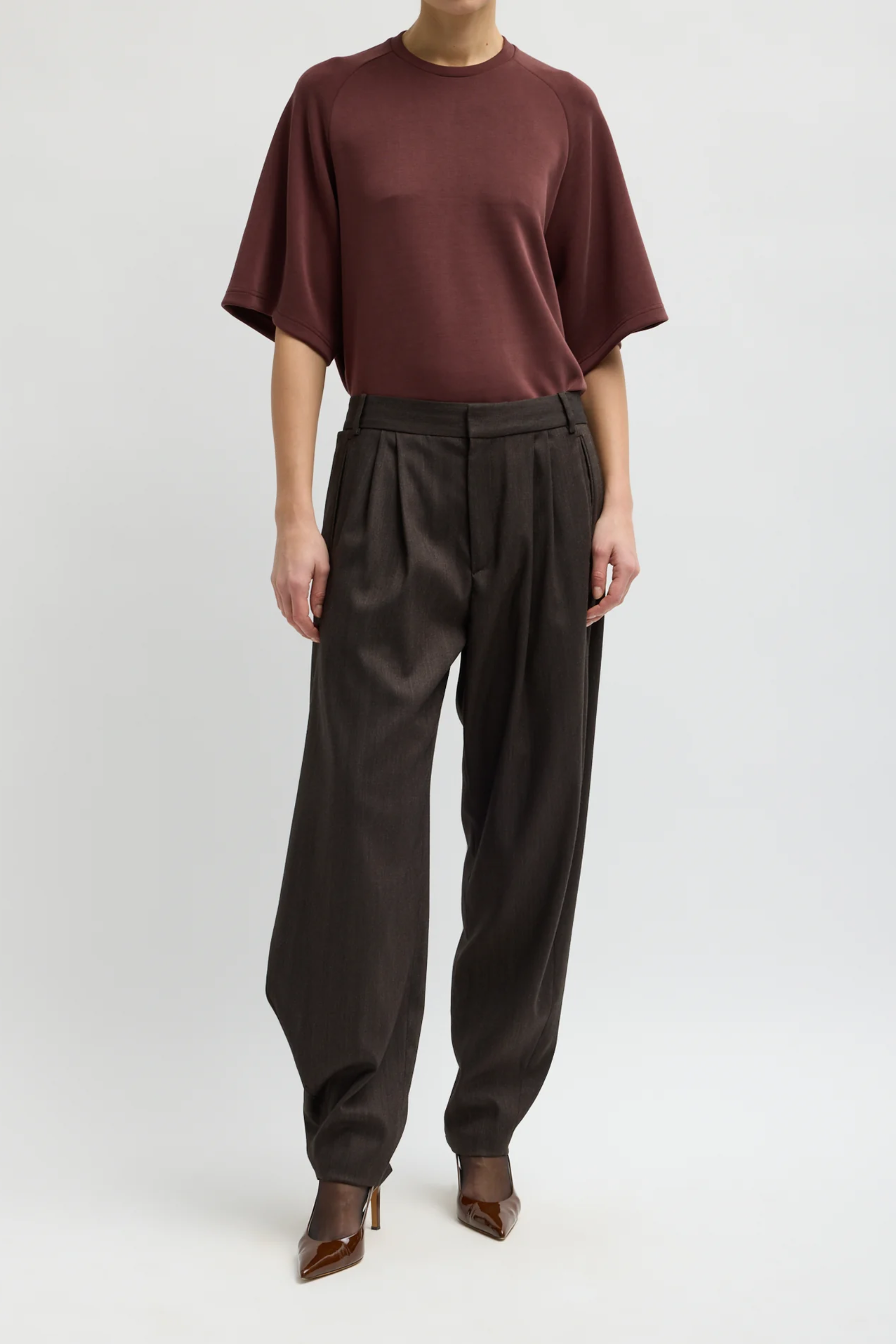 Herringbone Suiting Side Drape Pleated Pant - Brown Multi