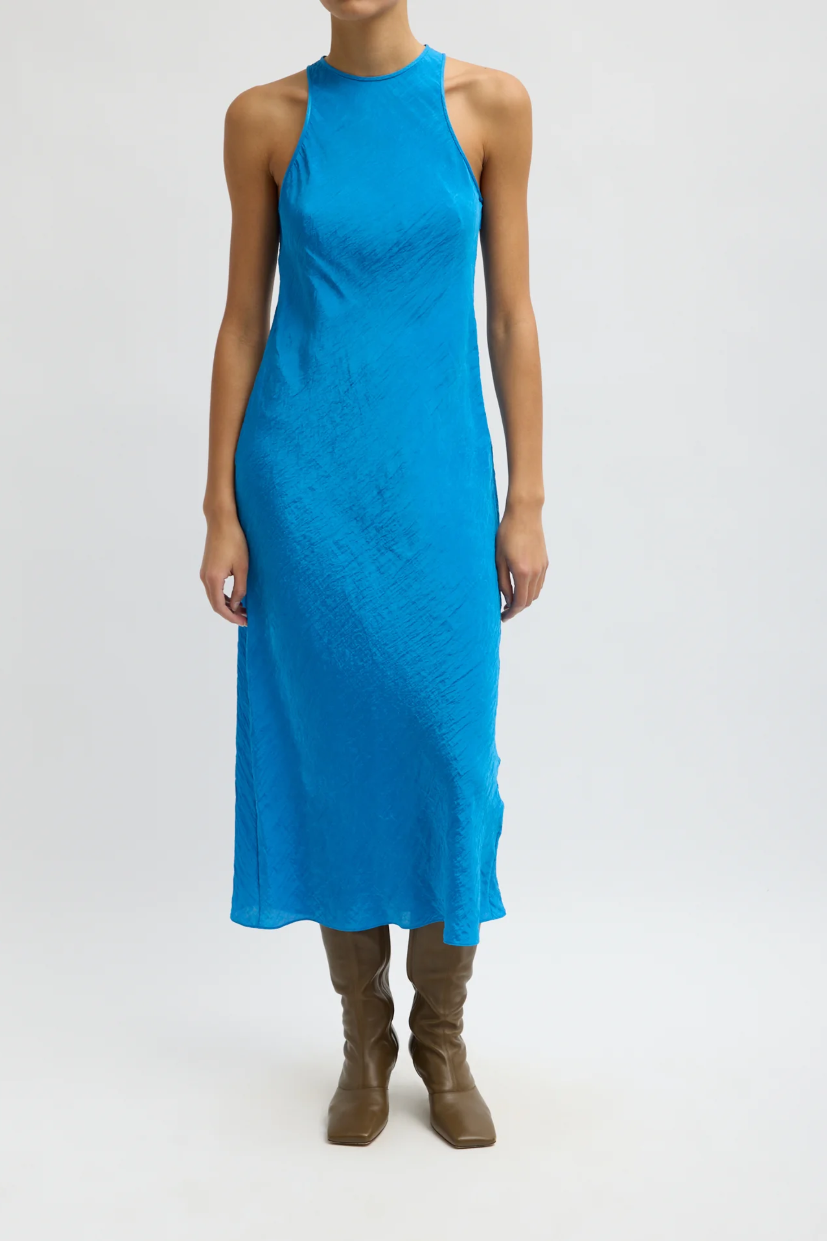 The Crinkle Slip Midi Bias Dress - Bright Blue