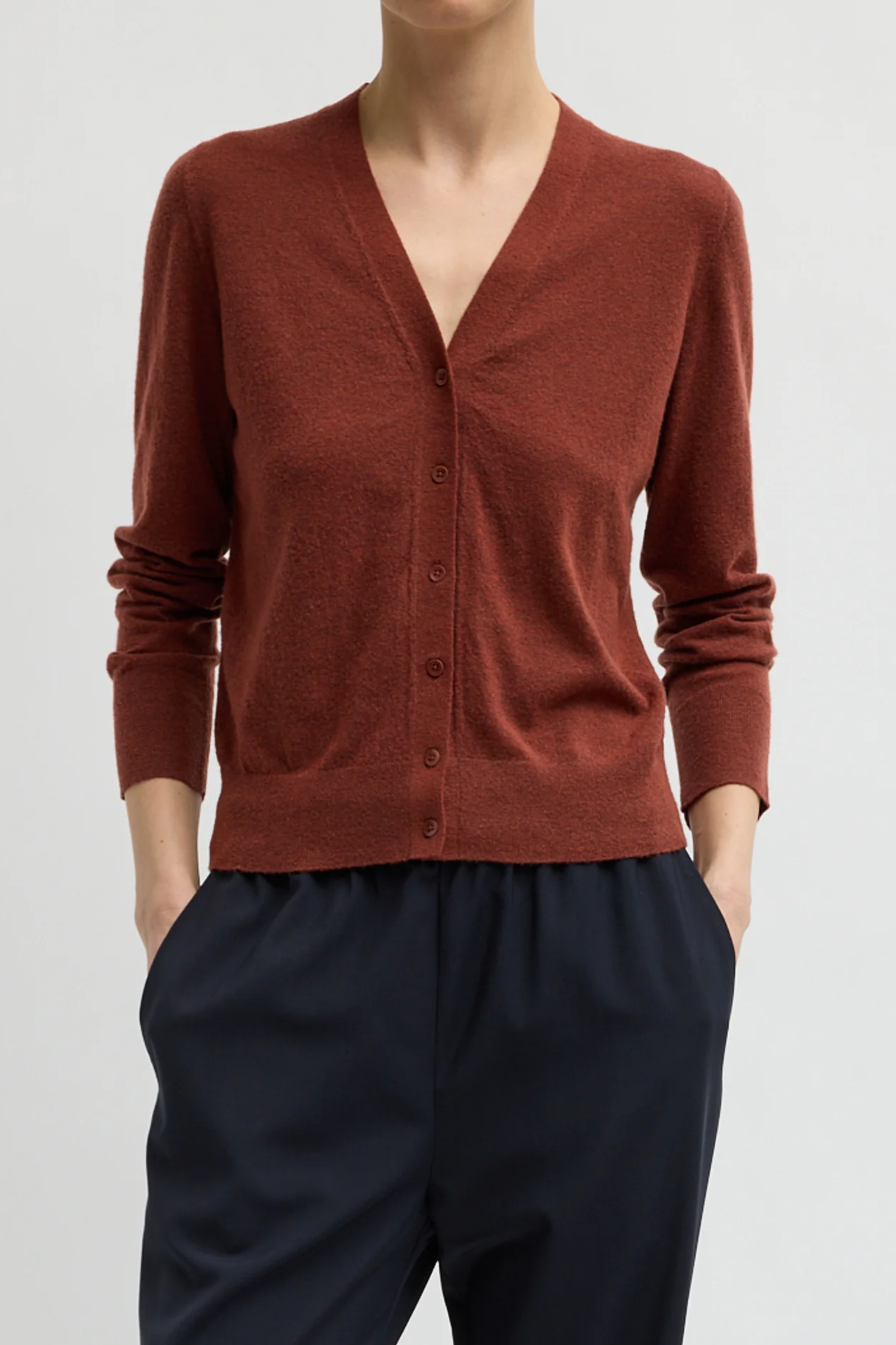 Skinlike Mercerized Wool Vneck Shrunken Cardigan - Red Clay