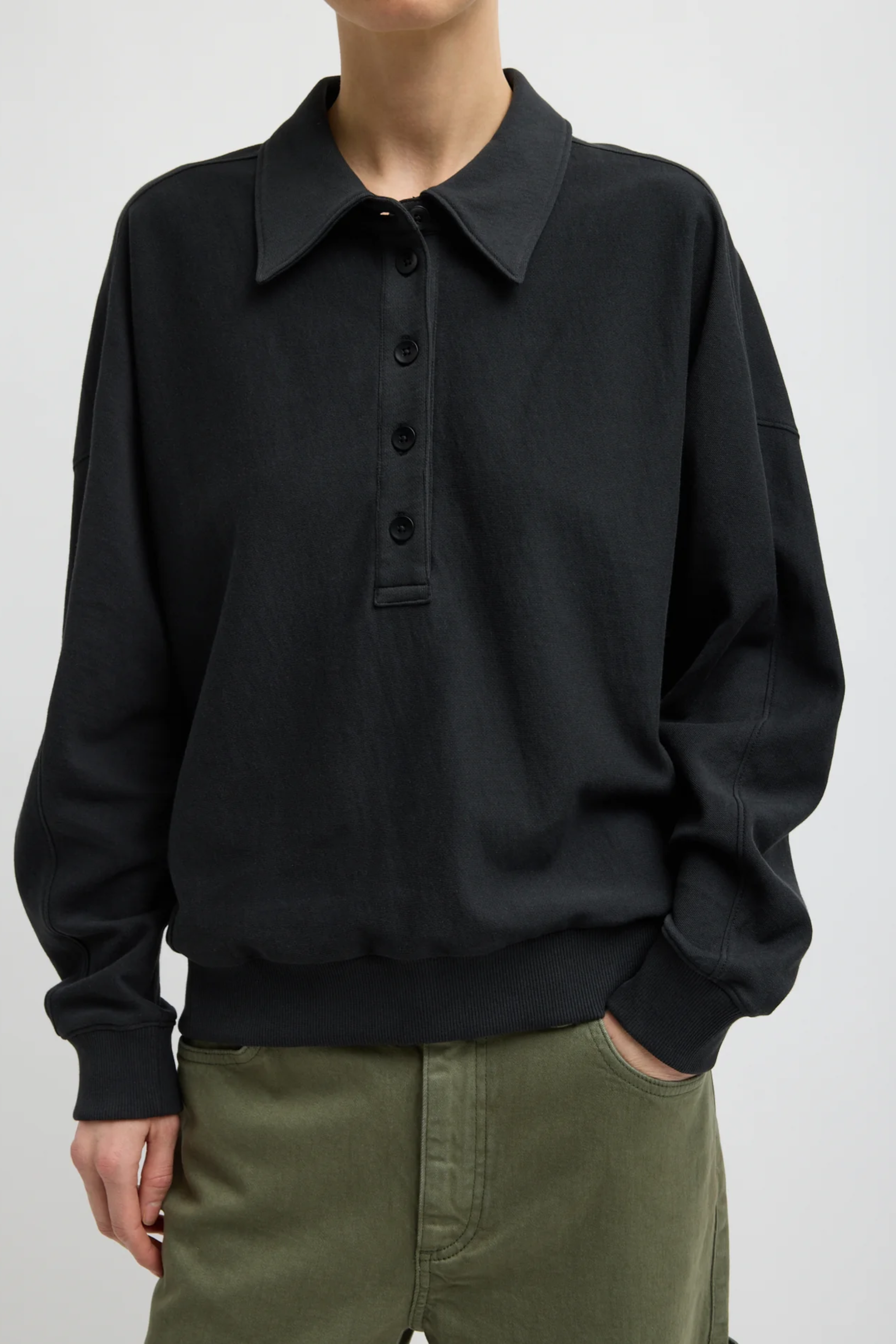 Light Weight Sweatshirting Polo Collar Sweatshirt - Black