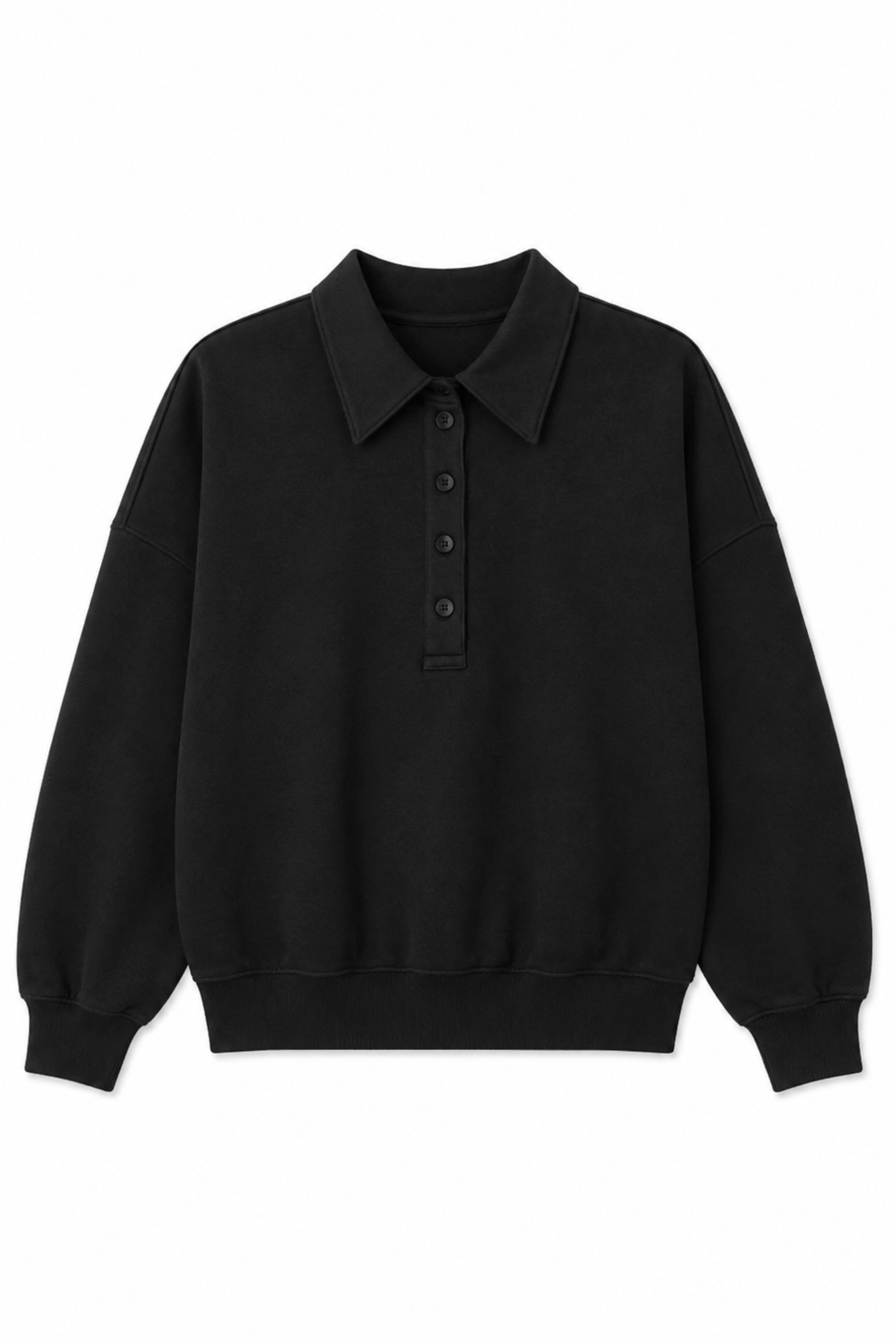 Light Weight Sweatshirting Polo Collar Sweatshirt - Black