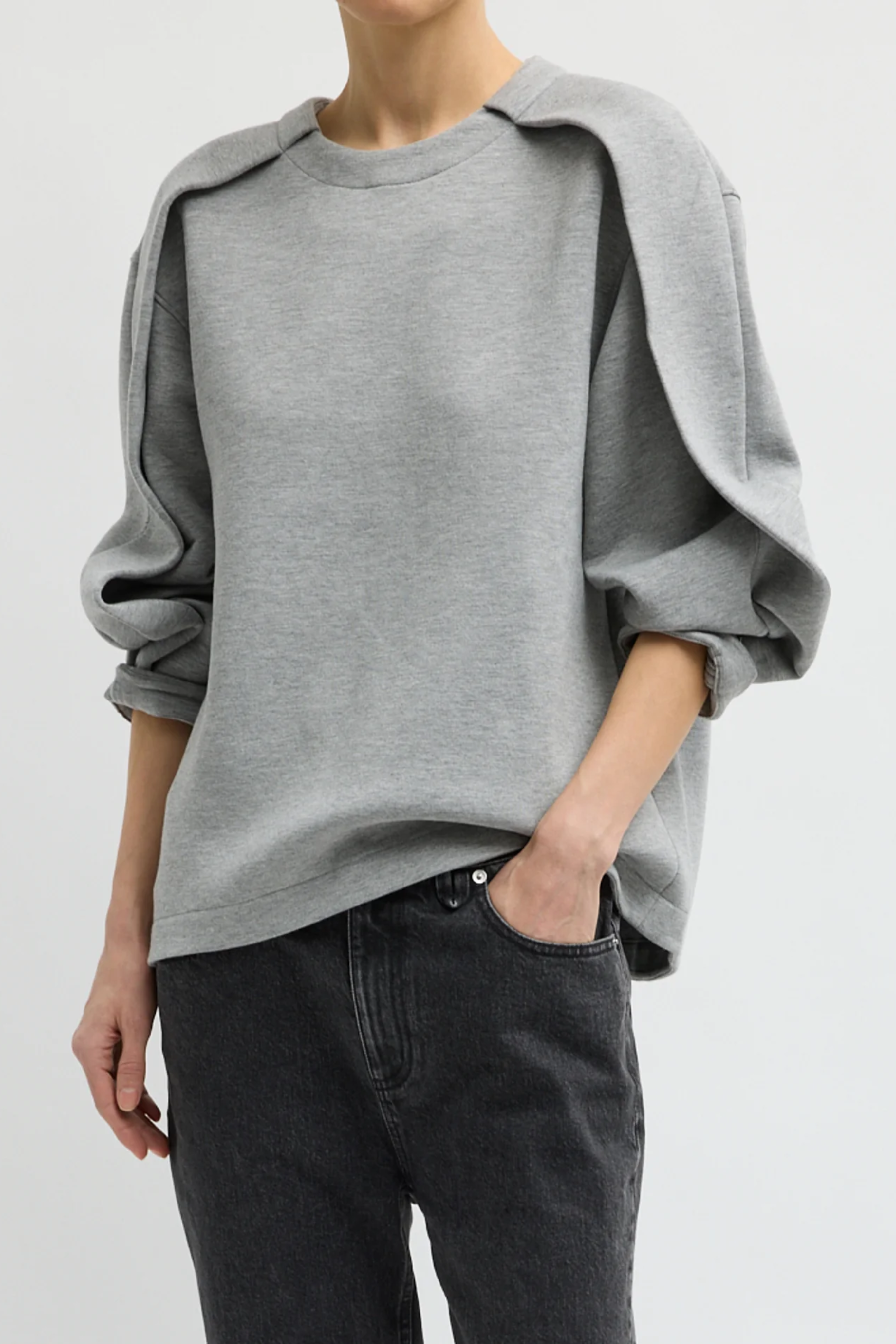 Bonded Viscose Crewneck With Folded Panel - Heather Grey