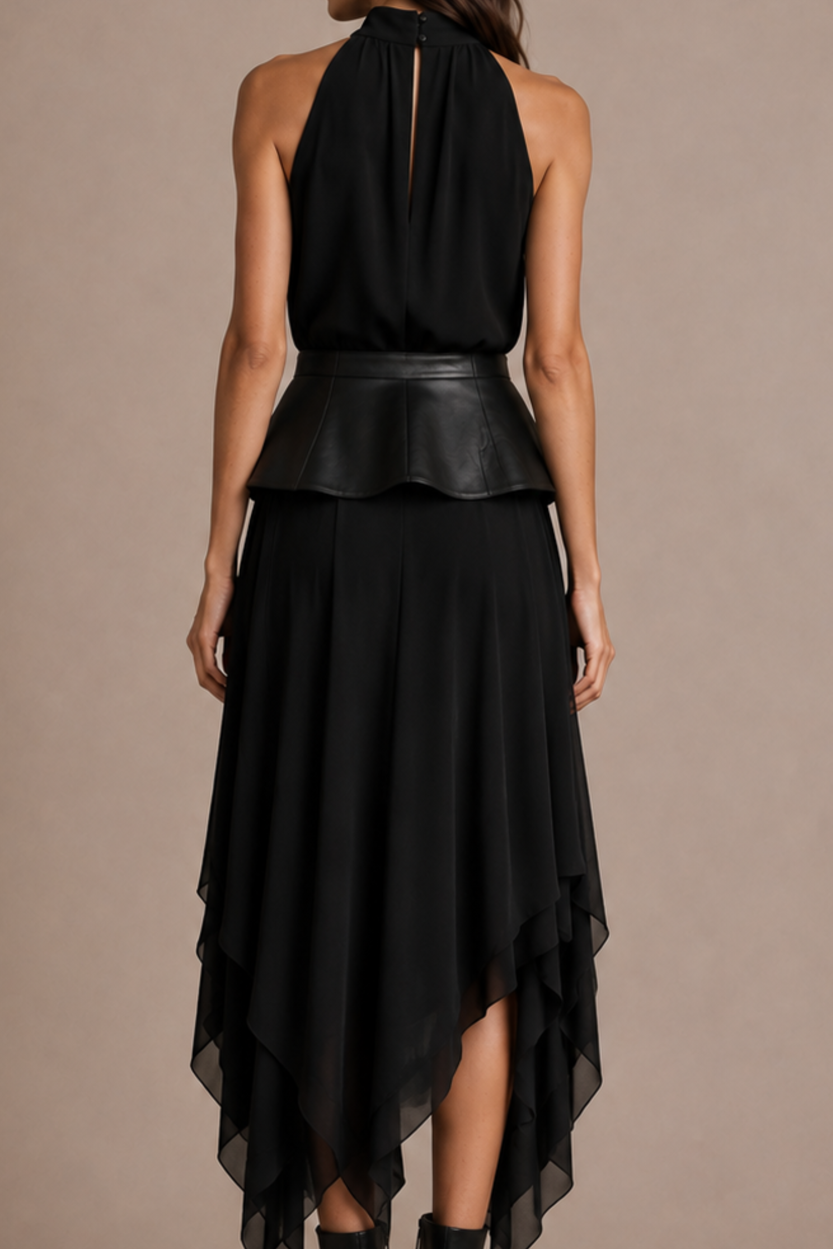 The Scarf Dress with Leather Wave Belt - Black