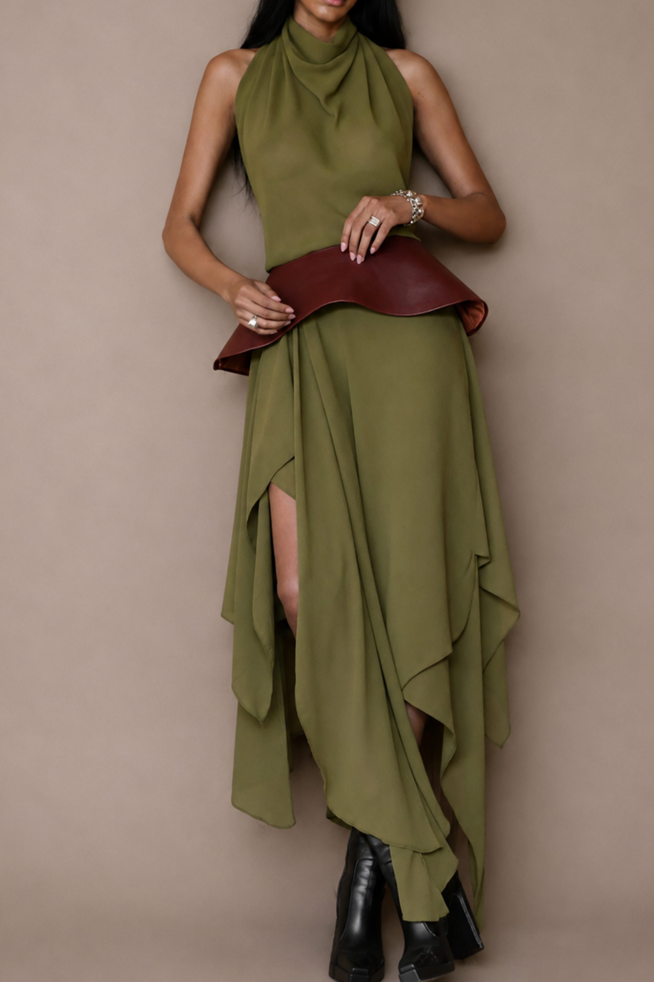 The Scarf Dress with Leather Wave Belt - Olive/Brick