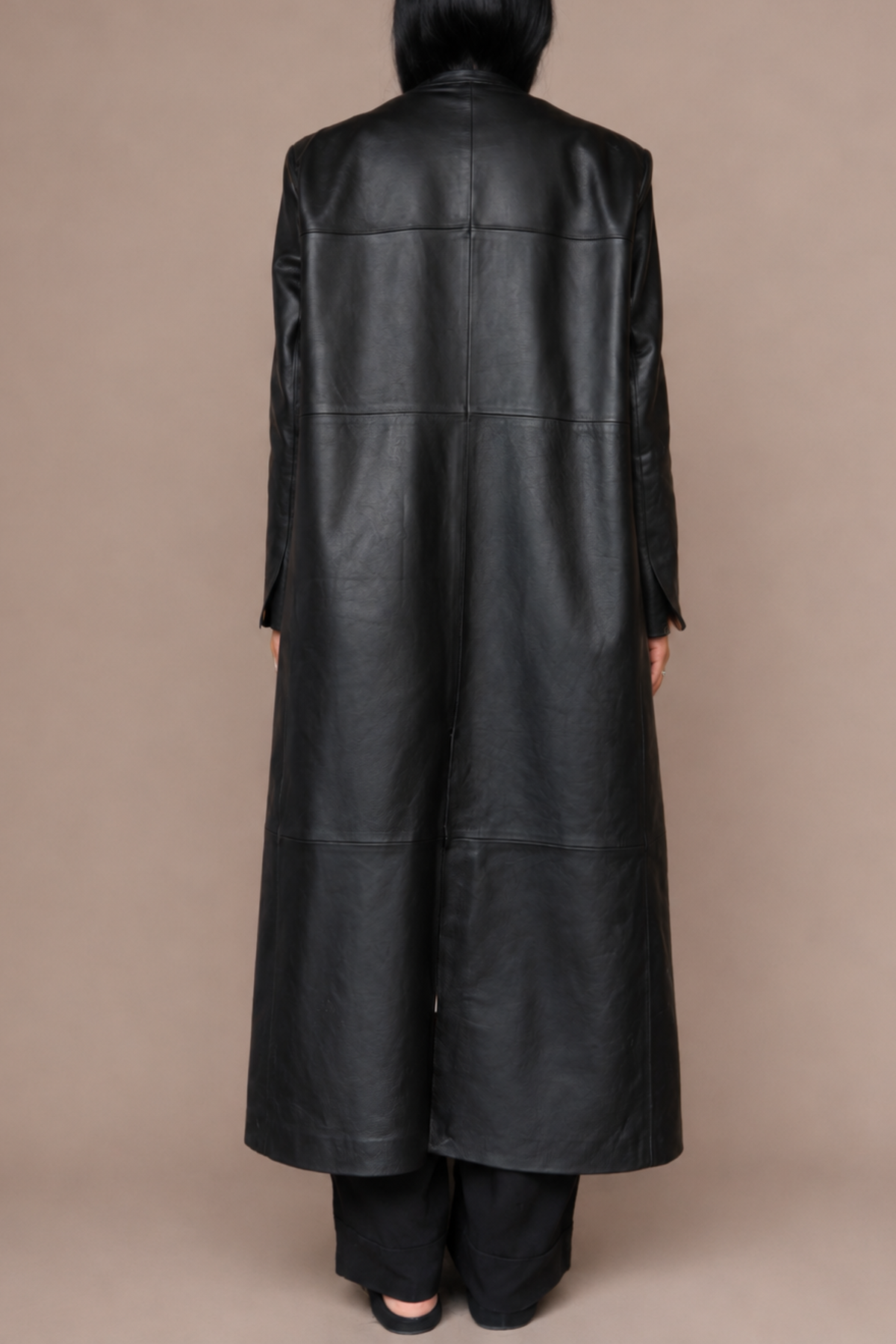 The Long Leather Collarless Coat