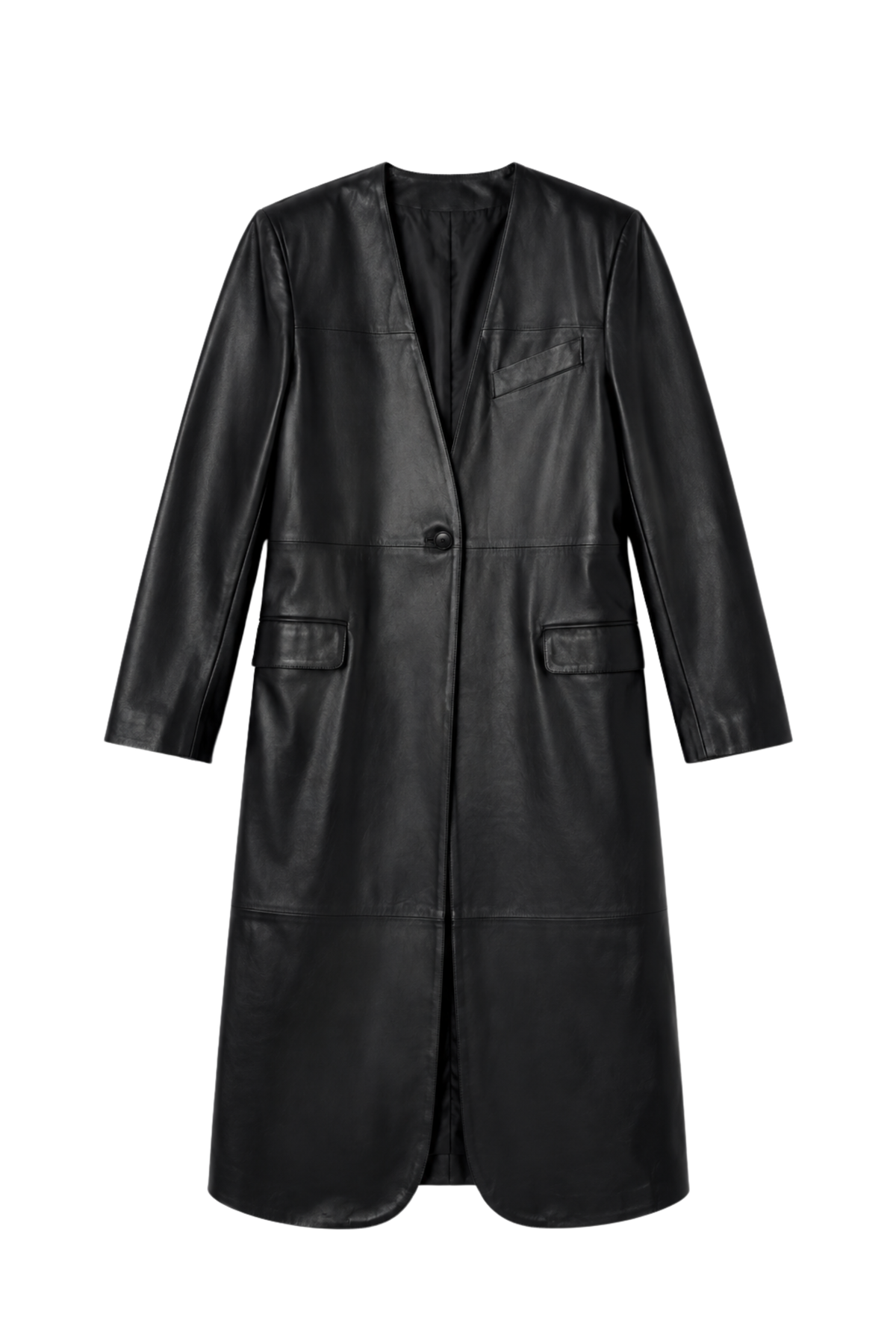 The Long Leather Collarless Coat