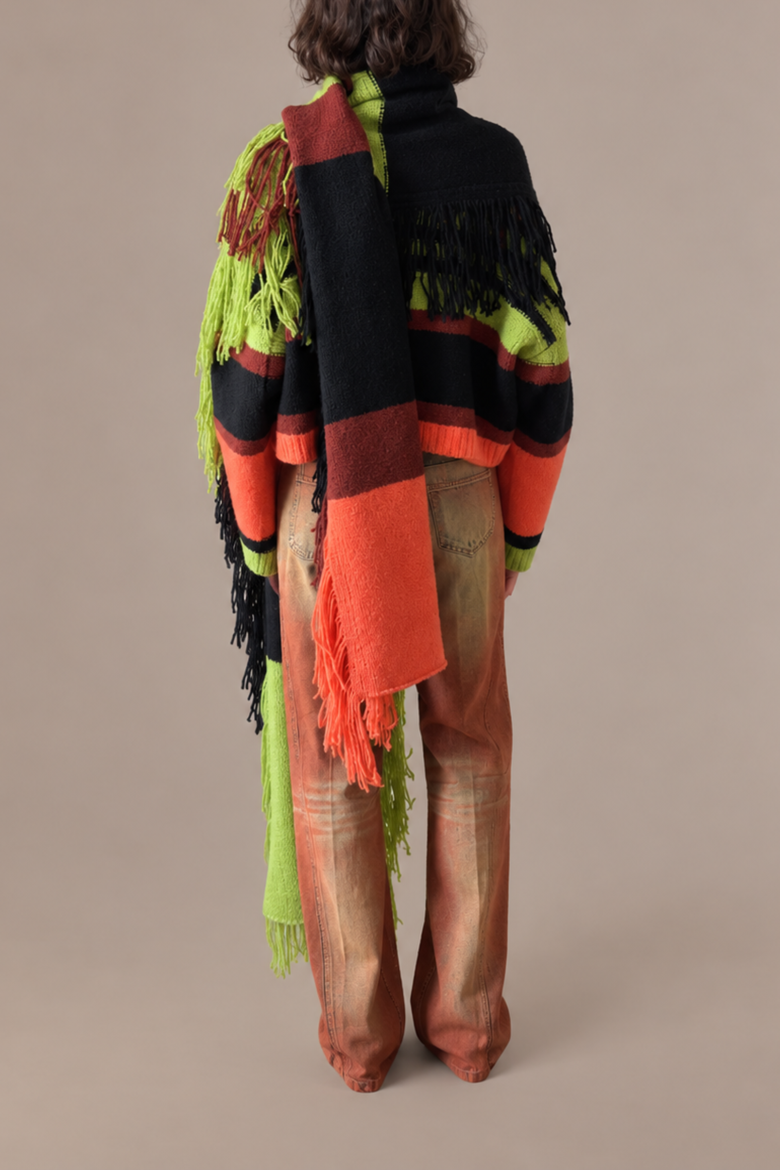 Striped Wool Boucle Fringed Knit Wrap