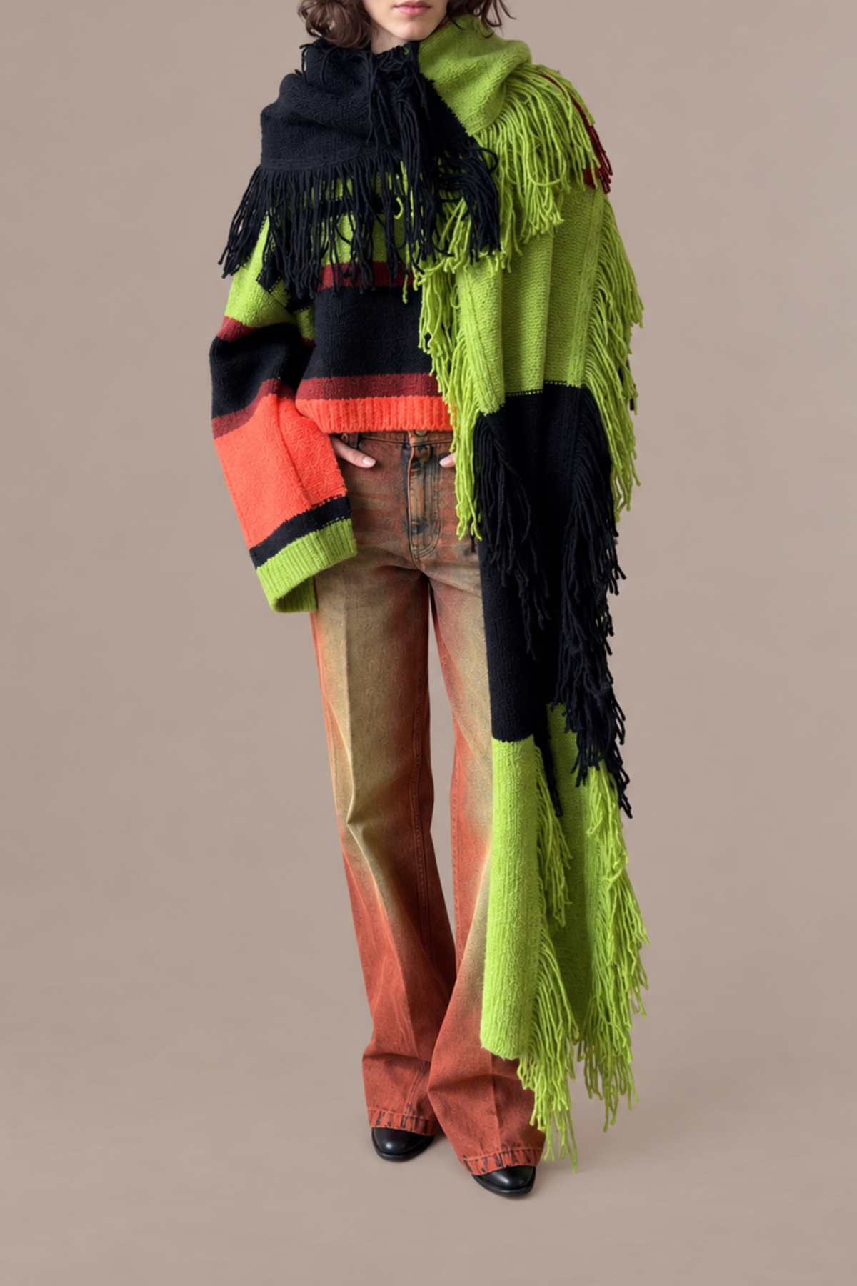 Striped Wool Boucle Fringed Knit Wrap
