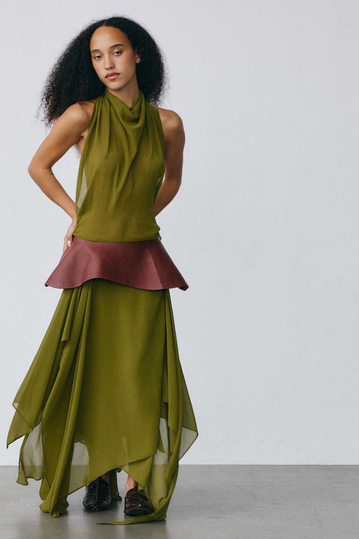 The Scarf Dress with Leather Wave Belt - Olive/Brick