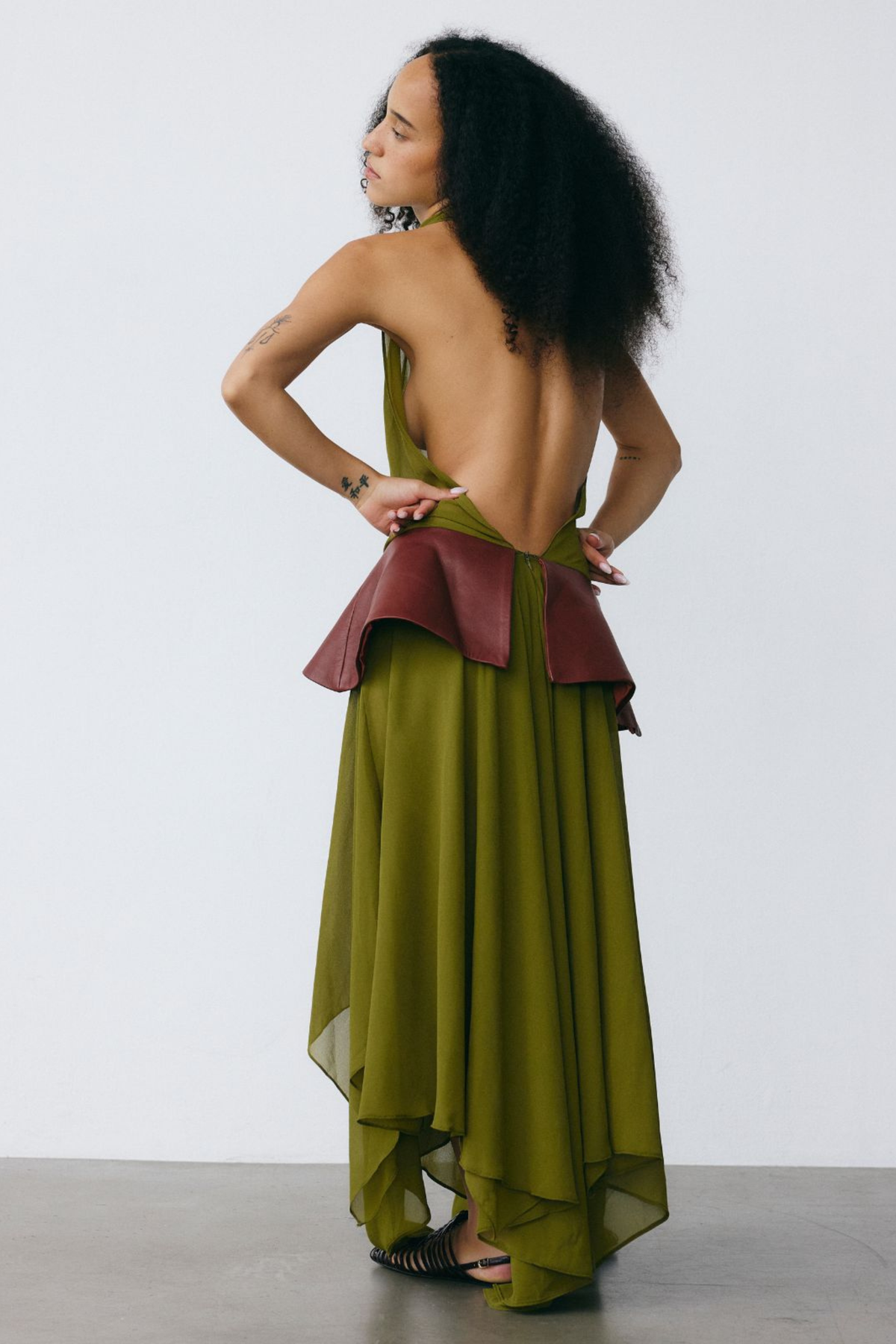 The Scarf Dress with Leather Wave Belt - Olive/Brick