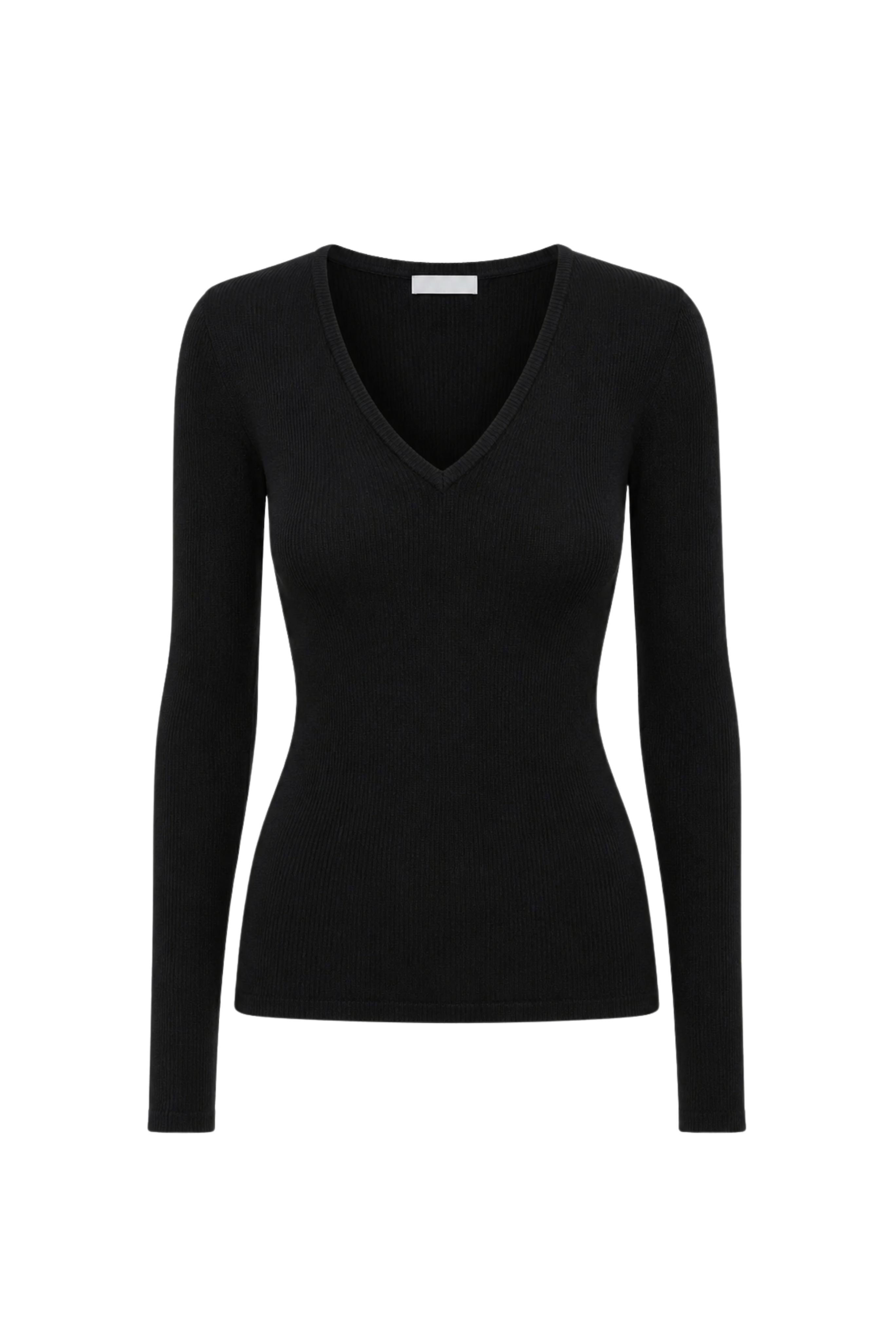 Feather Weight Ribbed Sweater Vneck Pullover - Black