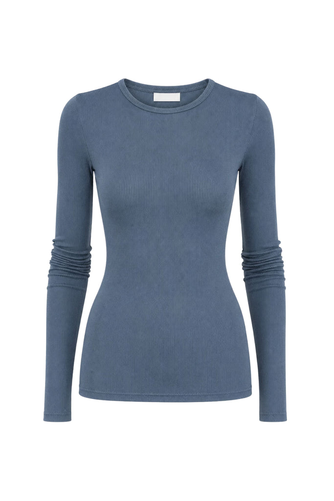 Circular Ribbed Crewneck Pullover T-Shirt Blue
