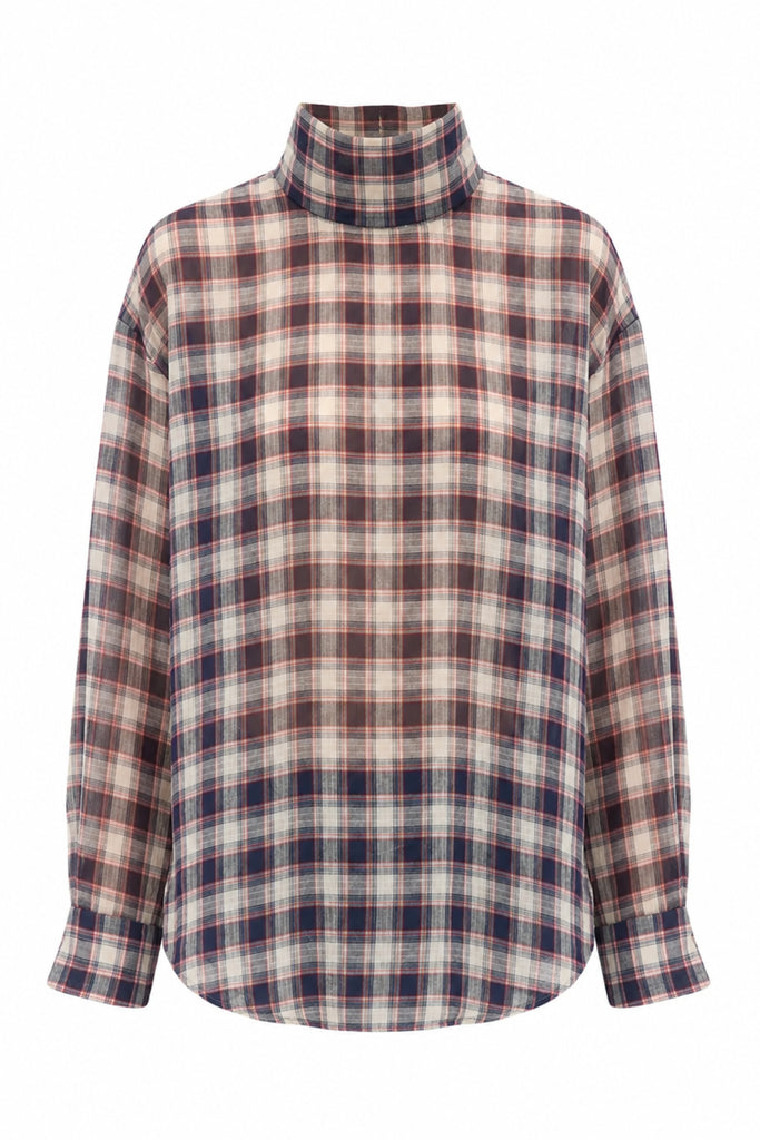 Silk Cotton Plaid Funnel Neck Shirt