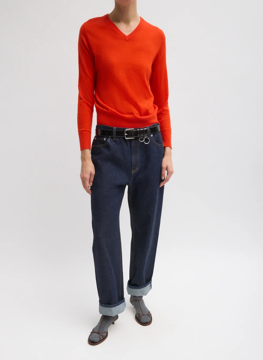 Skinlike Mercerized Wool Shrunken Vneck Sweater - Red