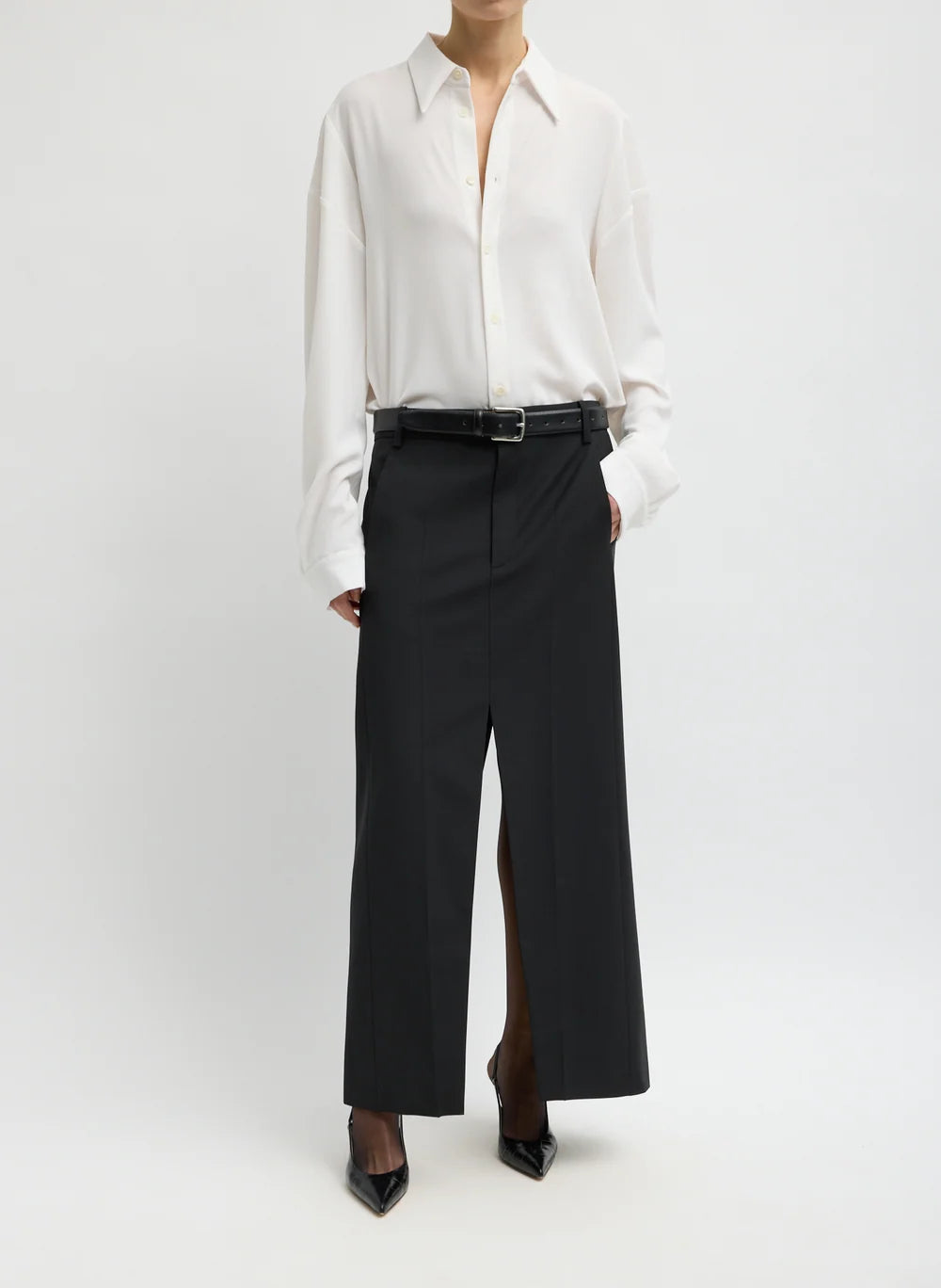 Recycled Tropical Wool Double Slit Maxi Skirt - Black